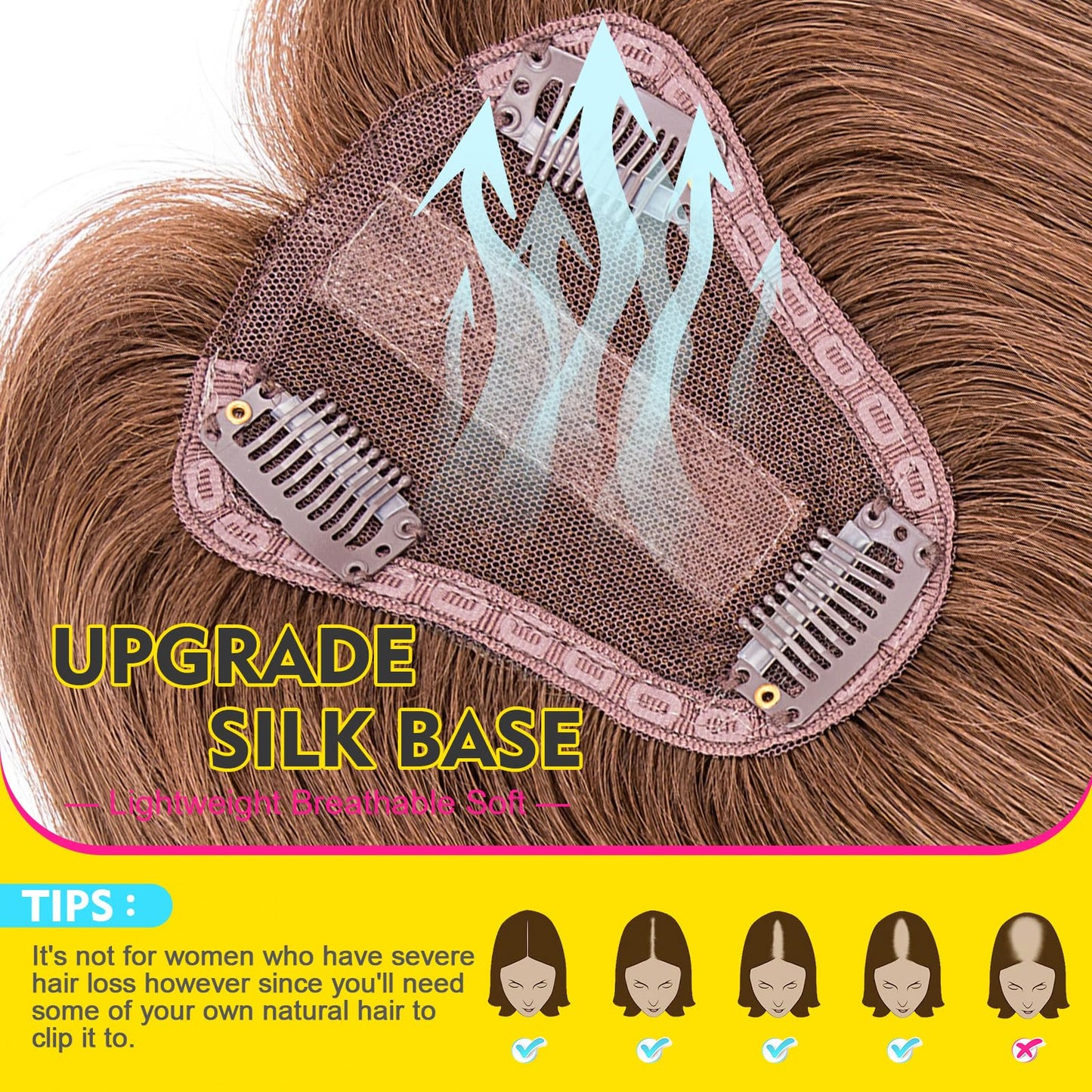 Human Hair Toppers for Women Real Human Hair No Bangs Toppers Hair Pieces for Women with Thinning Hair Upgraded Silk Base 10in. Clip In