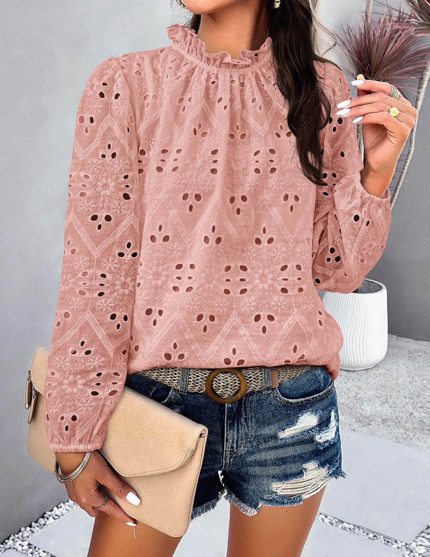 Women’s Blouses Dressy Casual Embroidered Long Puff Sleeve Shirts Ruffle Eyelet Lace Top