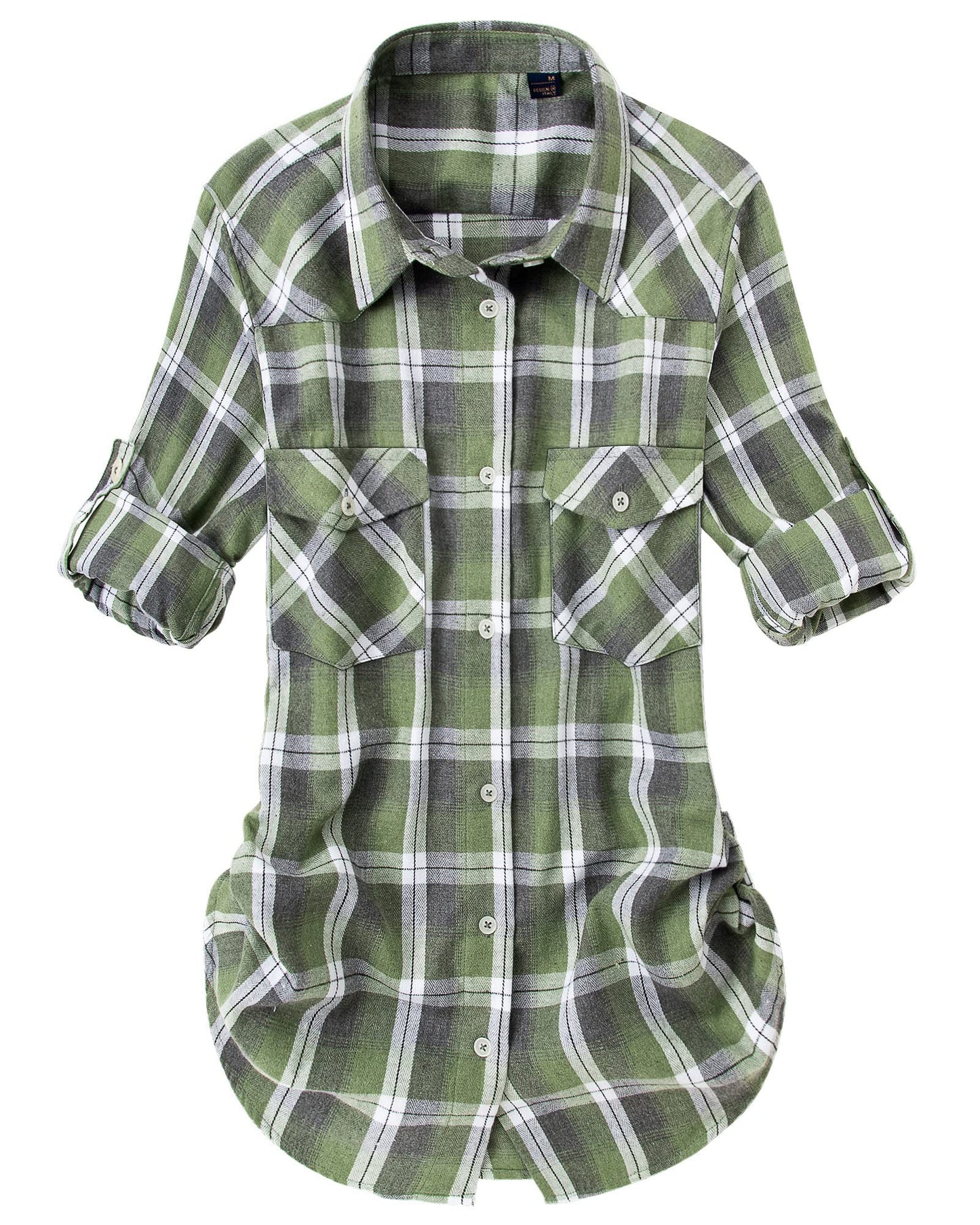 Womens Plaid Flannel Shirts Long Sleeve Roll Up Casual Button Down Shirt