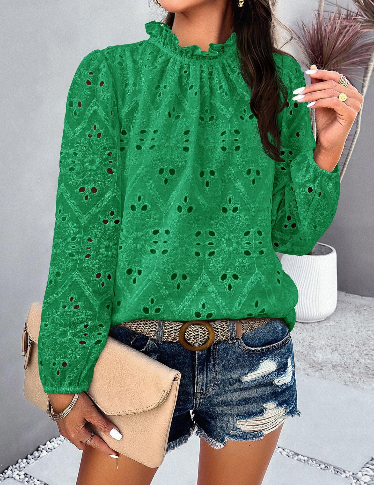 Women’s Blouses Dressy Casual Embroidered Long Puff Sleeve Shirts Ruffle Eyelet Lace Top