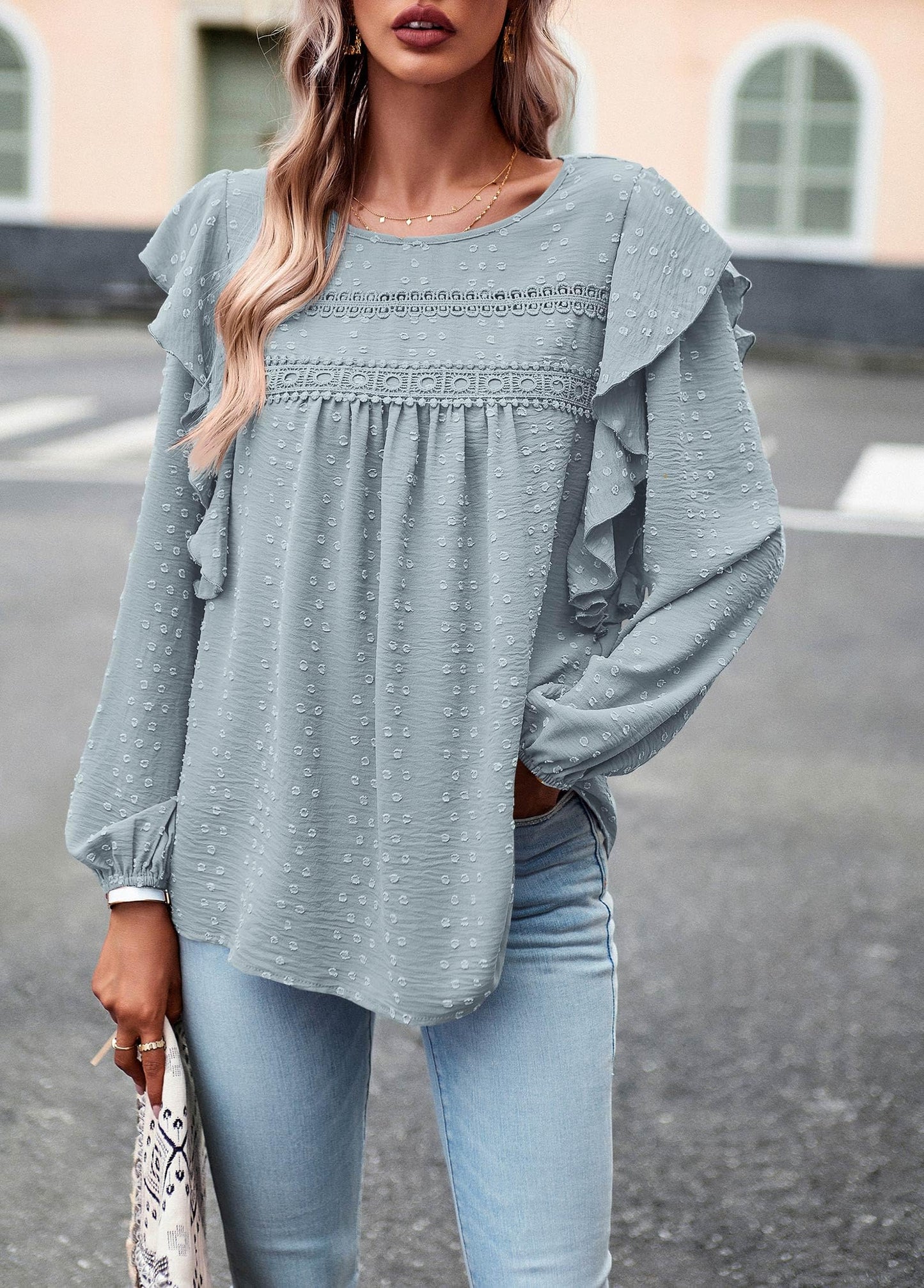 Women's Long Sleeve Blouses Ruffle Swiss Dot Crochet Loose Fit