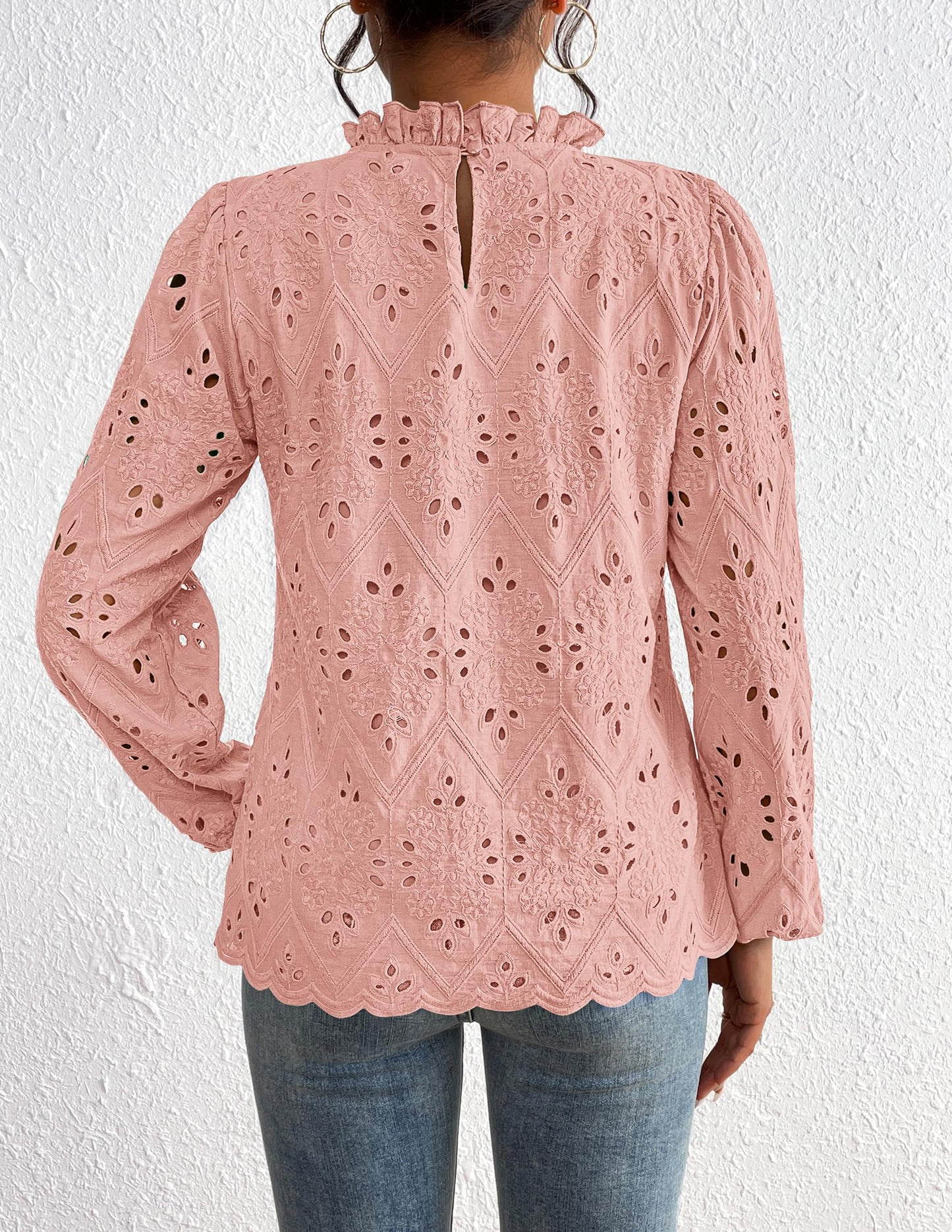 Women’s Blouses Dressy Casual Embroidered Long Puff Sleeve Shirts Ruffle Eyelet Lace Top