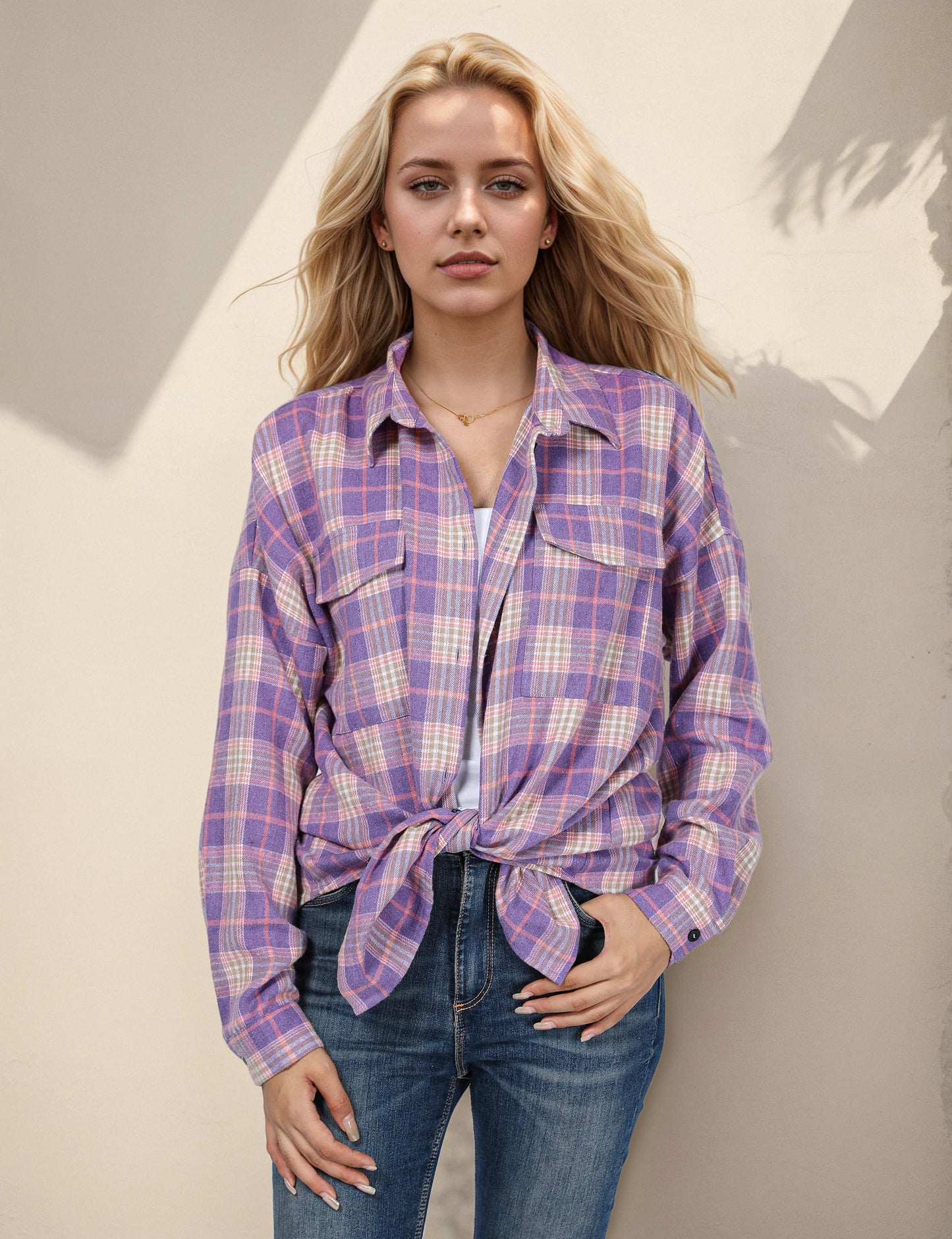 Women's Button Down Flannel Shirts Plaid Shacket Long Sleeve Collared Business Casual Tops Work Blouses
