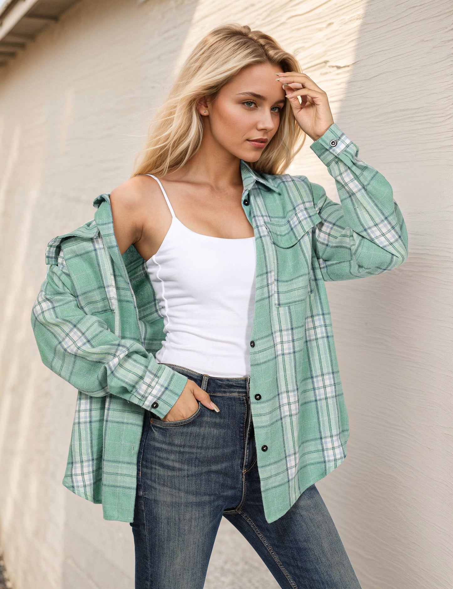 Women's Button Down Flannel Shirts Plaid Shacket Long Sleeve Collared Business Casual Tops Work Blouses