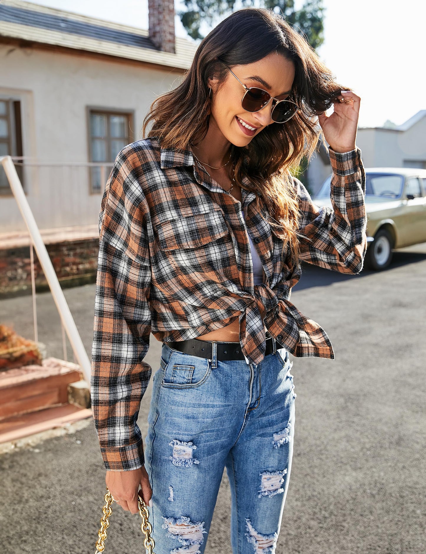 Women's Button Down Flannel Shirts Plaid Shacket Long Sleeve Collared Business Casual Tops Work Blouses
