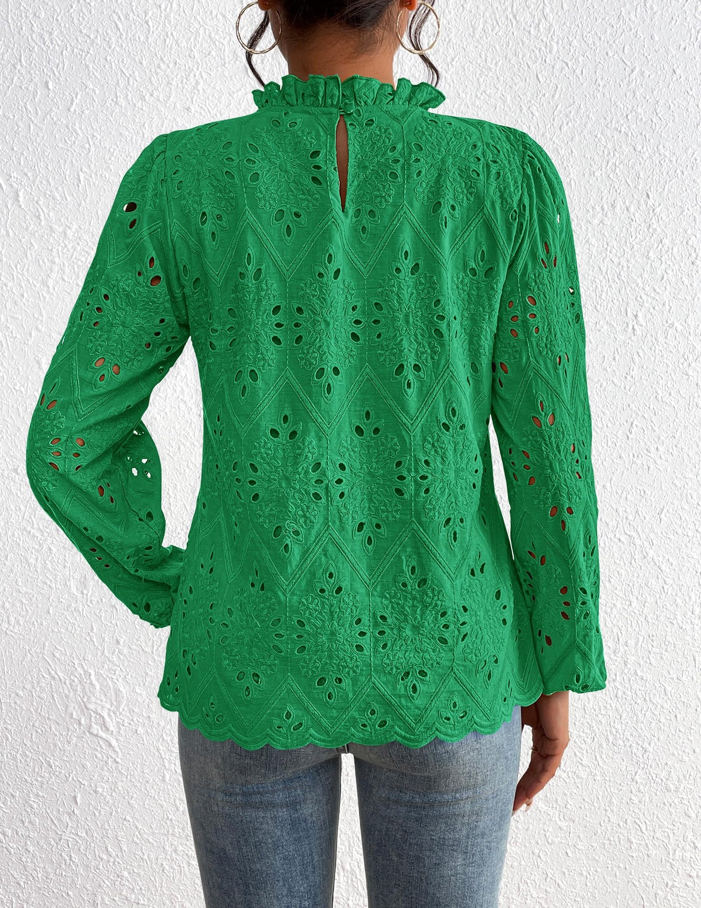 Women’s Blouses Dressy Casual Embroidered Long Puff Sleeve Shirts Ruffle Eyelet Lace Top