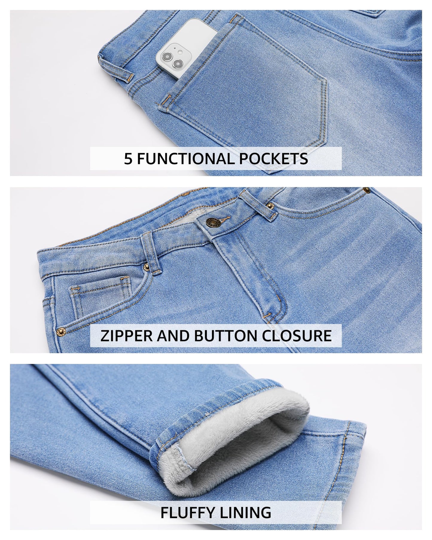 Vetinee Fleece Lined Jeans for Women High Waisted Skinny Winter Warm Slim Fit Thermal Jean Pants Stretchy Denim Jeggings