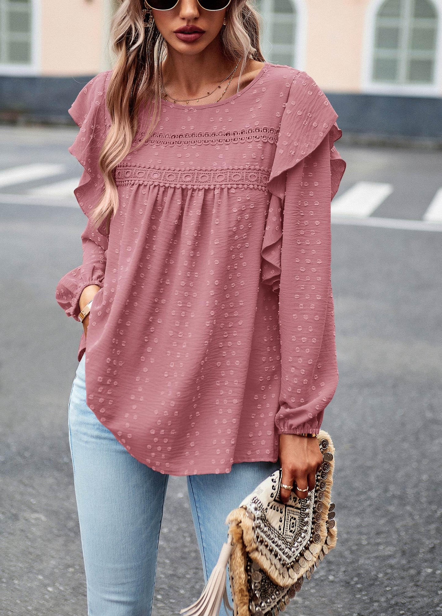 Women's Long Sleeve Blouses Ruffle Swiss Dot Crochet Loose Fit