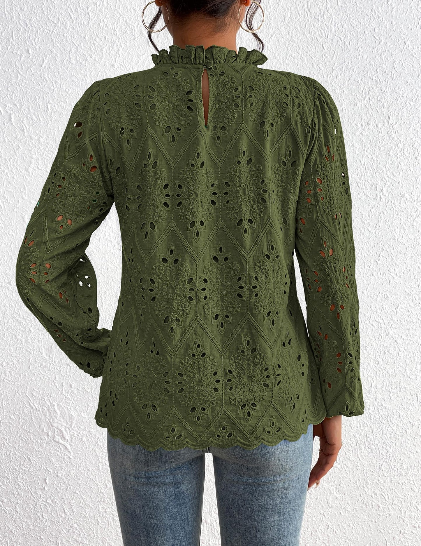Women’s Blouses Dressy Casual Embroidered Long Puff Sleeve Shirts Ruffle Eyelet Lace Top