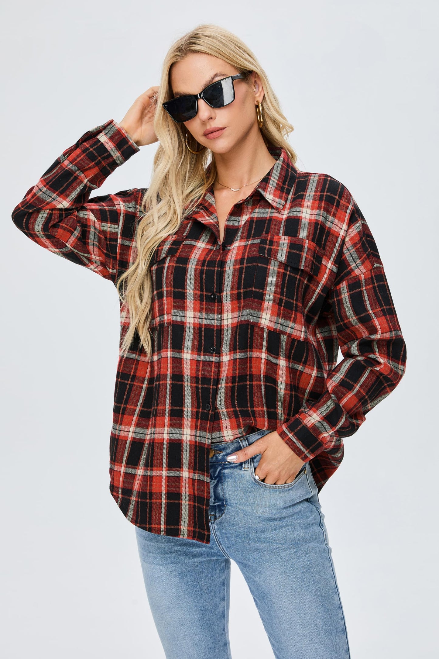 Women's Button Down Flannel Shirts Plaid Shacket Long Sleeve Collared Business Casual Tops Work Blouses