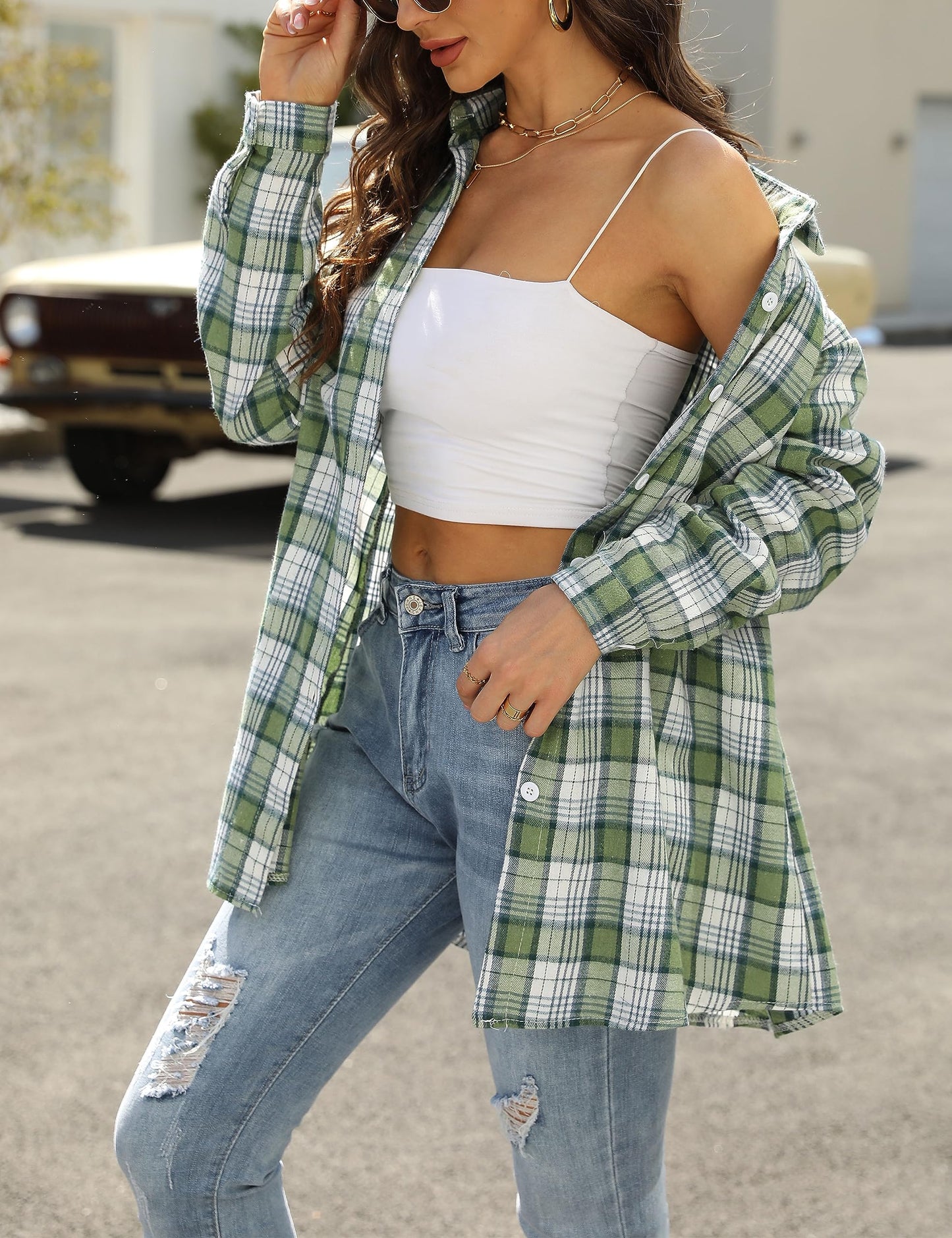 Plaid Flannel Shirts for Women Oversized Long Sleeve Button Down Buffalo Plaid Shirt Blouse Tops