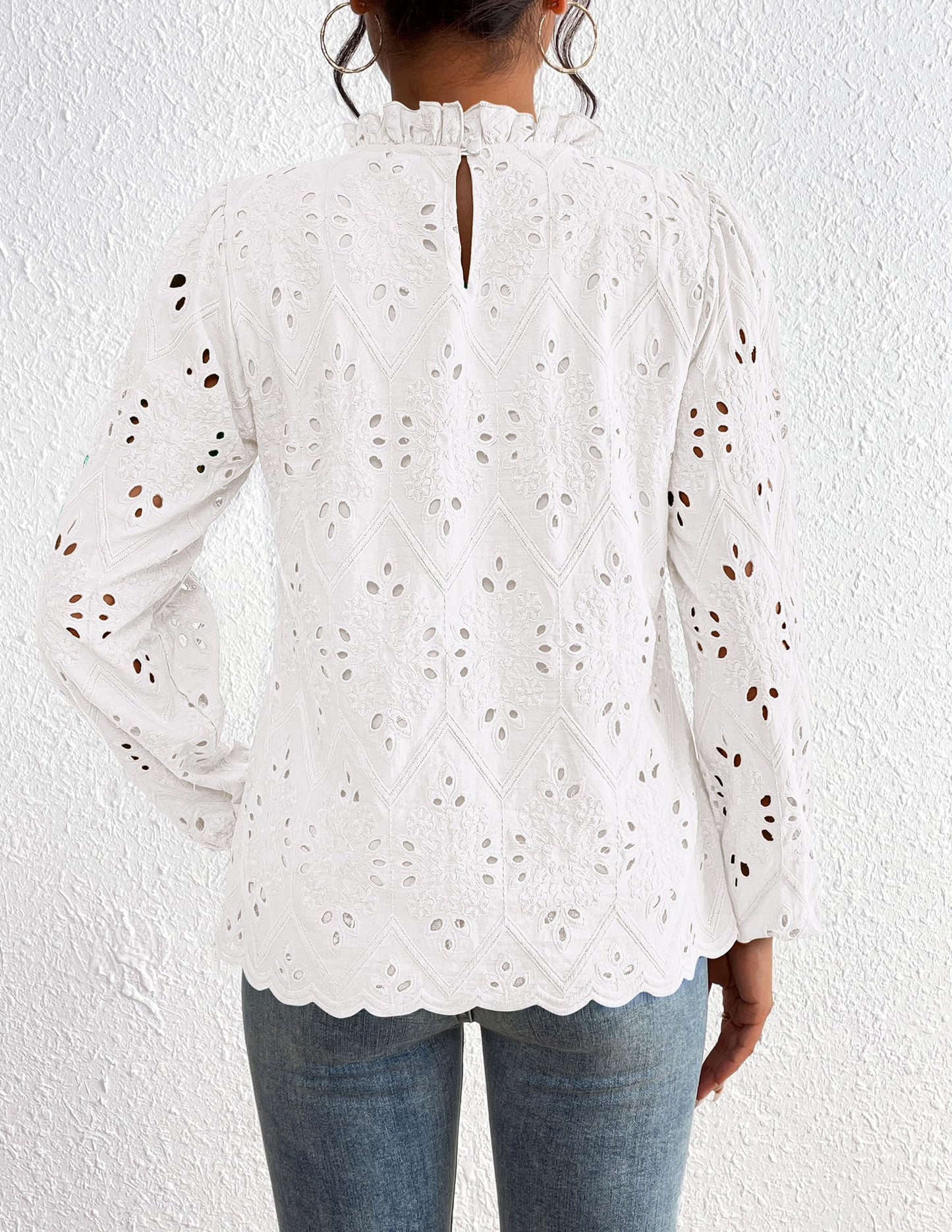 Women’s Blouses Dressy Casual Embroidered Long Puff Sleeve Shirts Ruffle Eyelet Lace Top