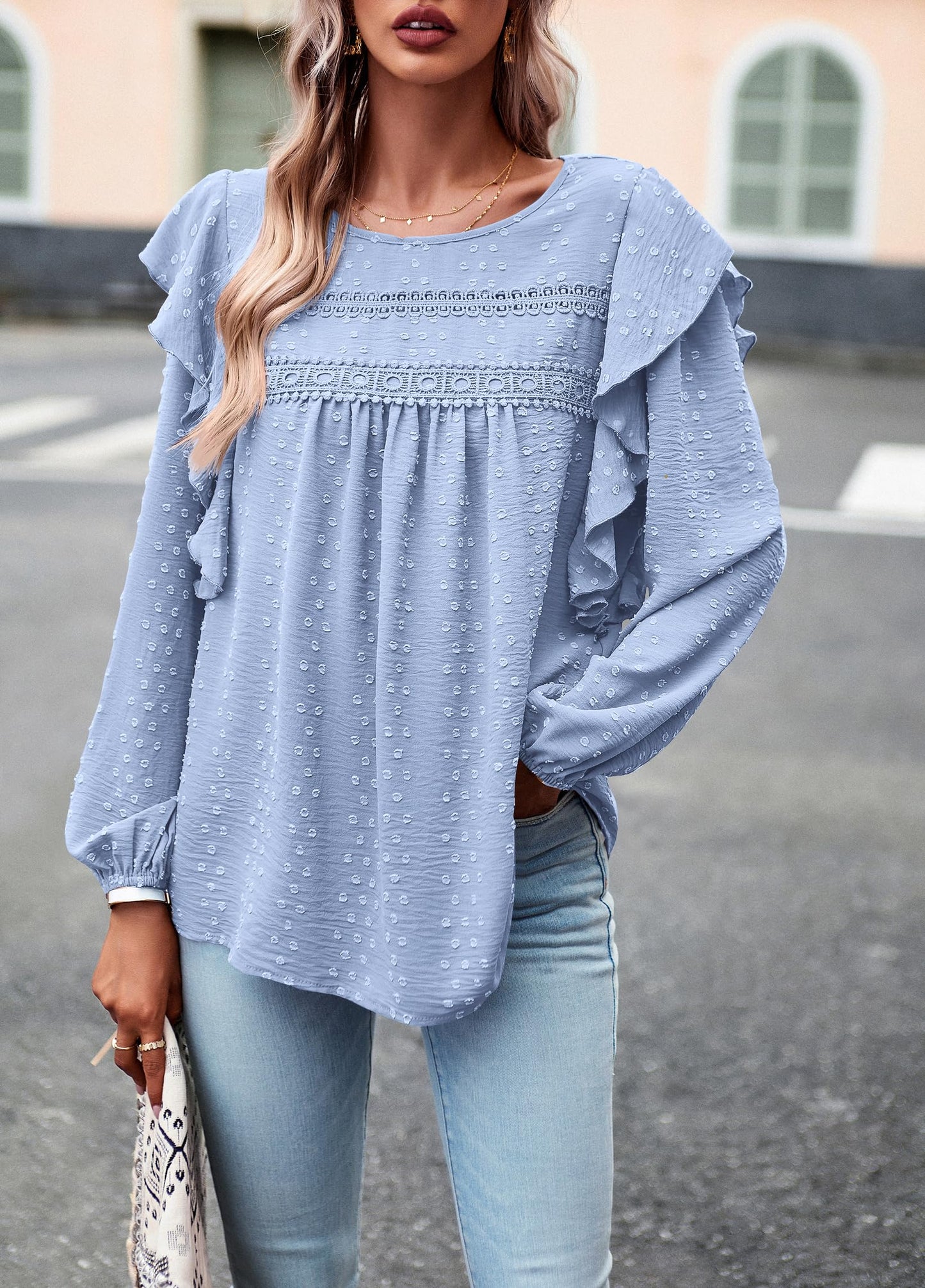 Women's Long Sleeve Blouses Ruffle Swiss Dot Crochet Loose Fit