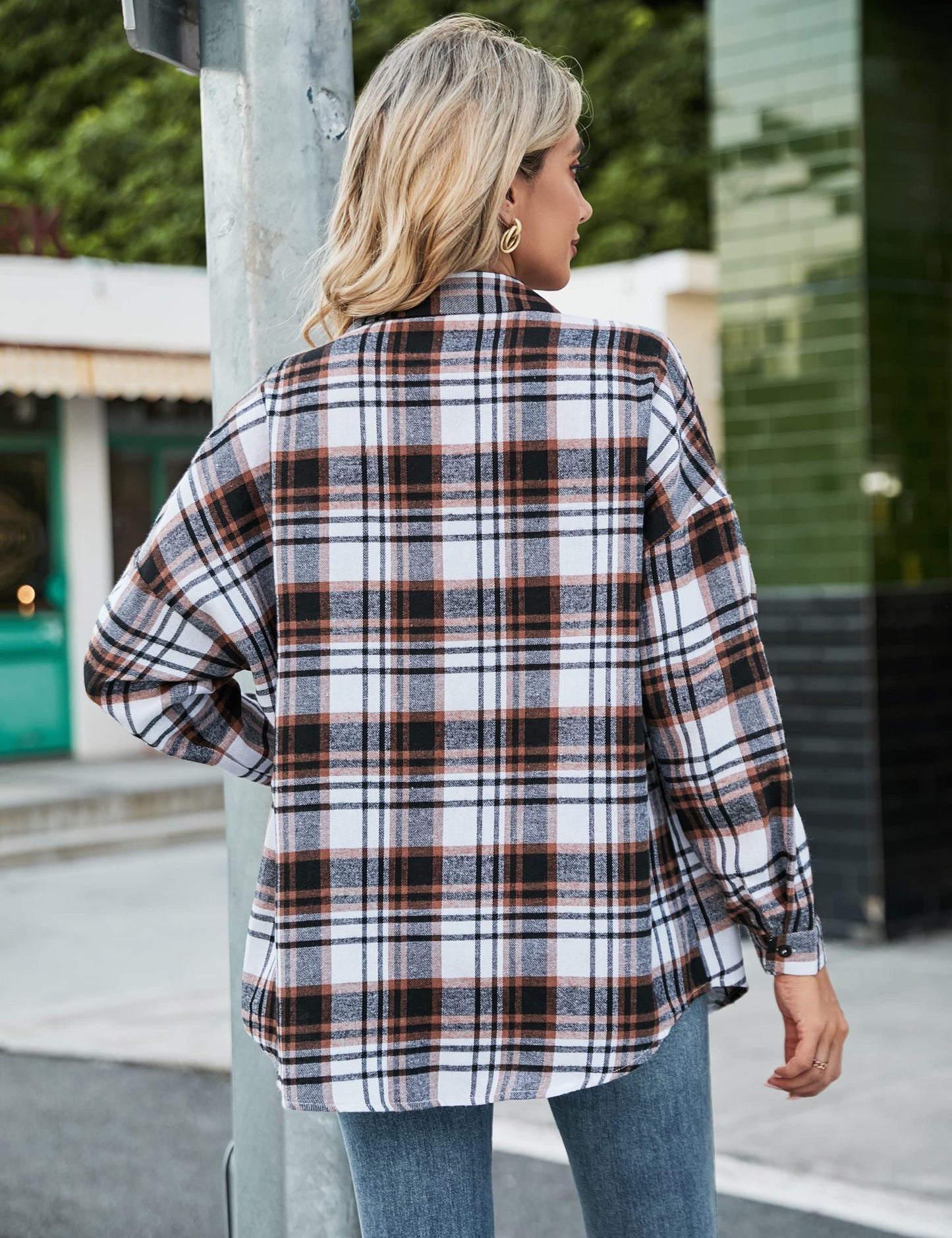 Women's Button Down Flannel Shirts Plaid Shacket Long Sleeve Collared Business Casual Tops Work Blouses