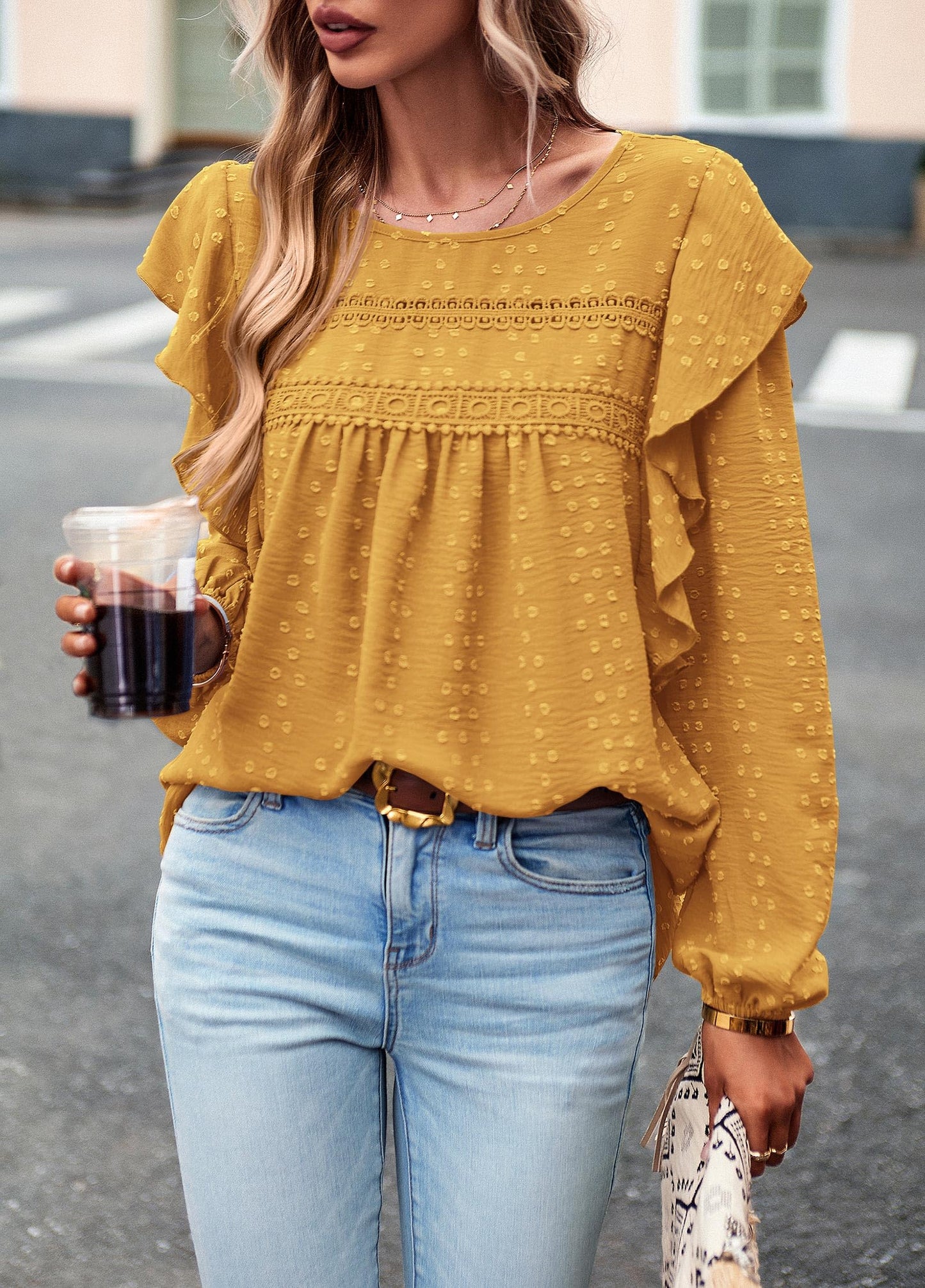 Women's Long Sleeve Blouses Ruffle Swiss Dot Crochet Loose Fit