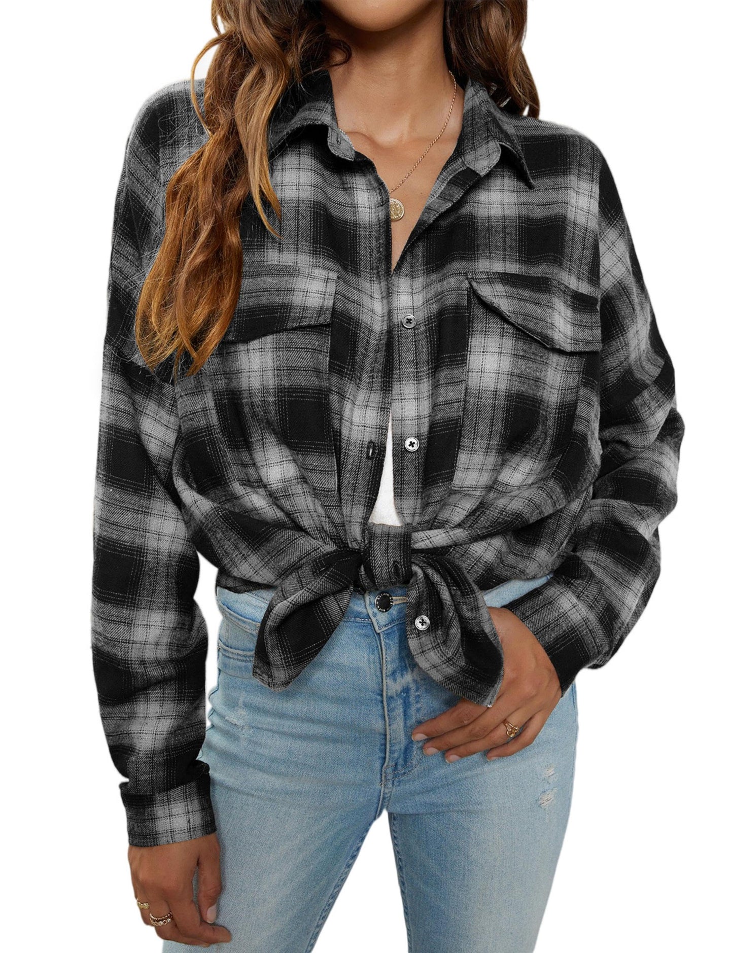 Women's Button Down Flannel Shirts Plaid Shacket Long Sleeve Collared Business Casual Tops Work Blouses