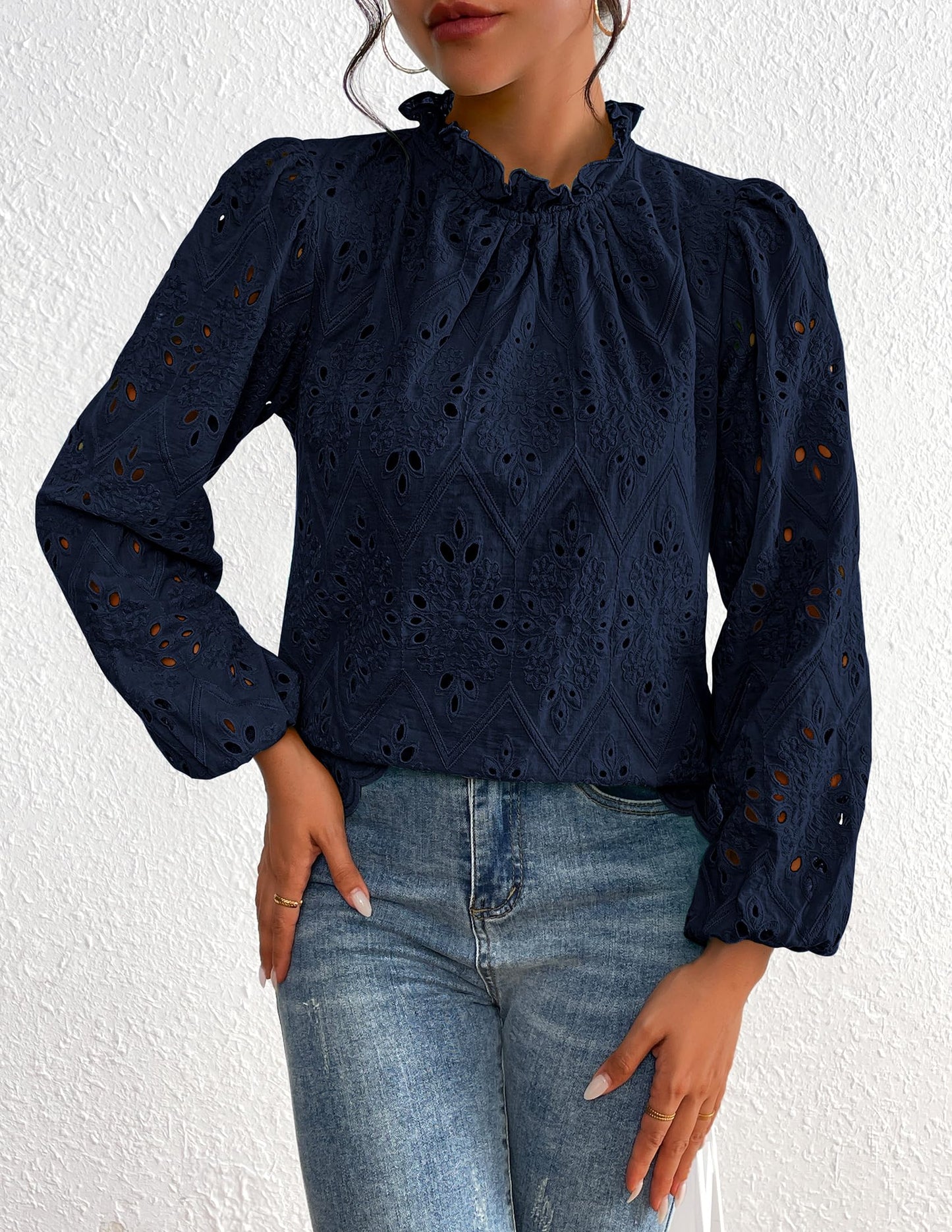 Women’s Blouses Dressy Casual Embroidered Long Puff Sleeve Shirts Ruffle Eyelet Lace Top