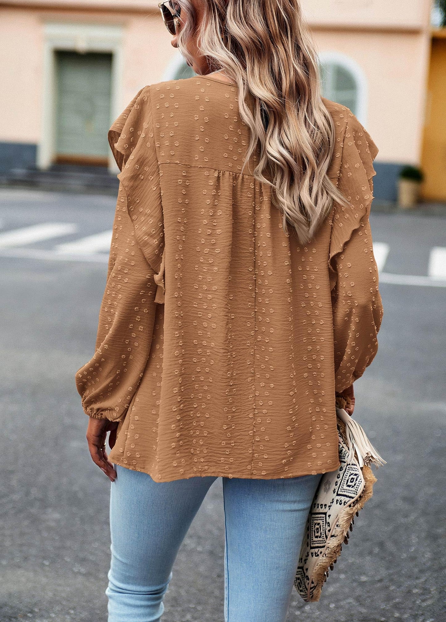Women's Long Sleeve Blouses Ruffle Swiss Dot Crochet Loose Fit