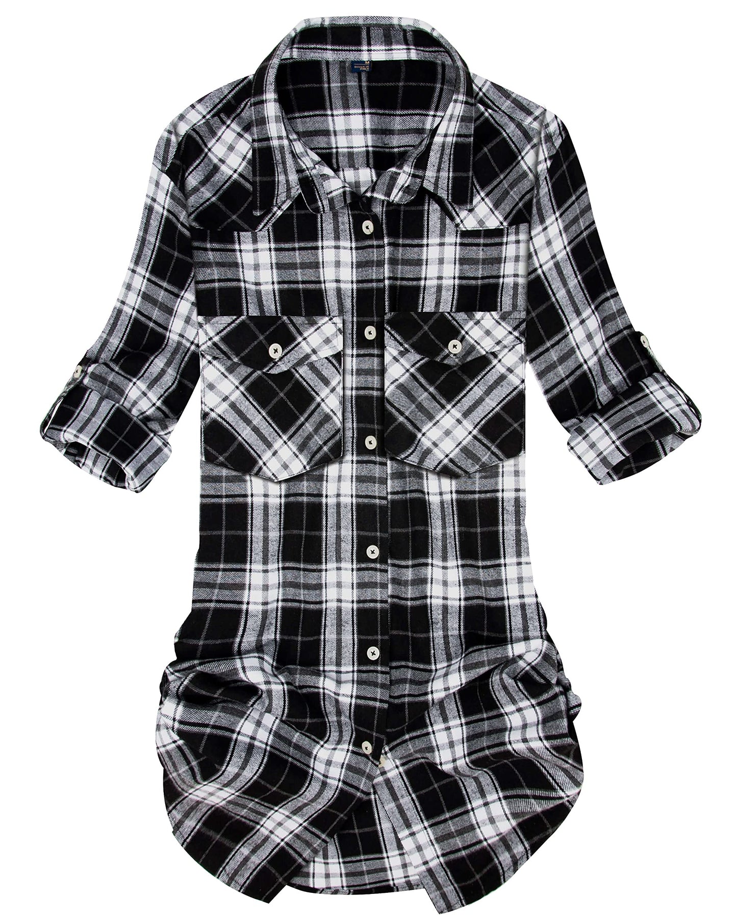 Womens Plaid Flannel Shirts Long Sleeve Roll Up Casual Button Down Shirt