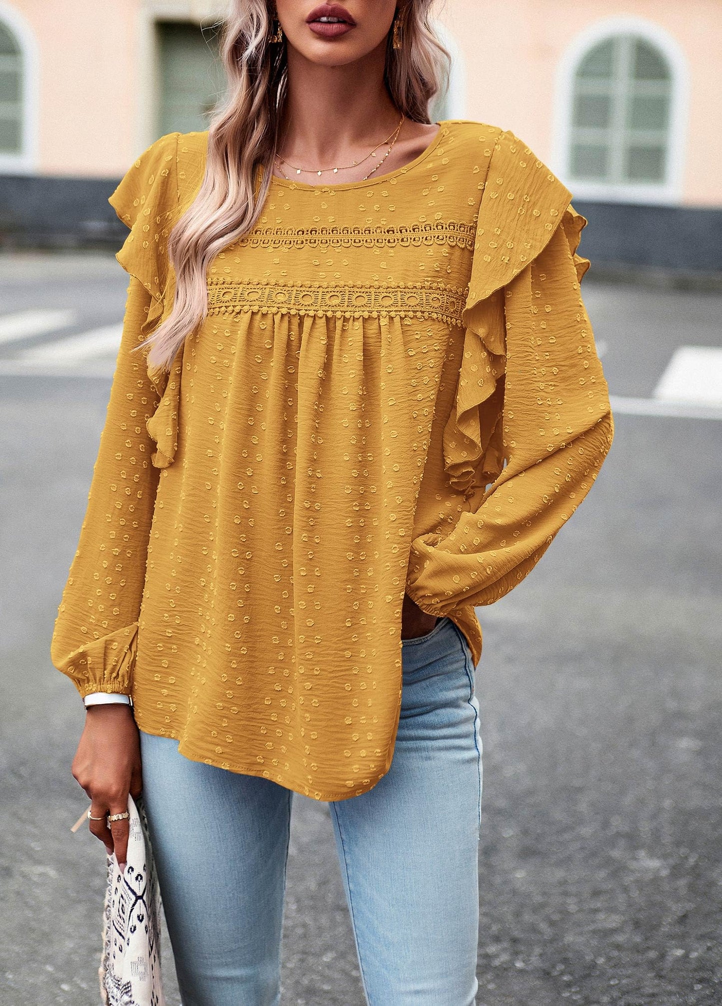 Women's Long Sleeve Blouses Ruffle Swiss Dot Crochet Loose Fit