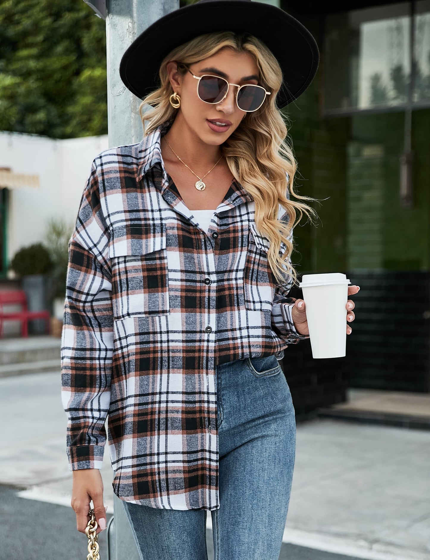 Women's Button Down Flannel Shirts Plaid Shacket Long Sleeve Collared Business Casual Tops Work Blouses