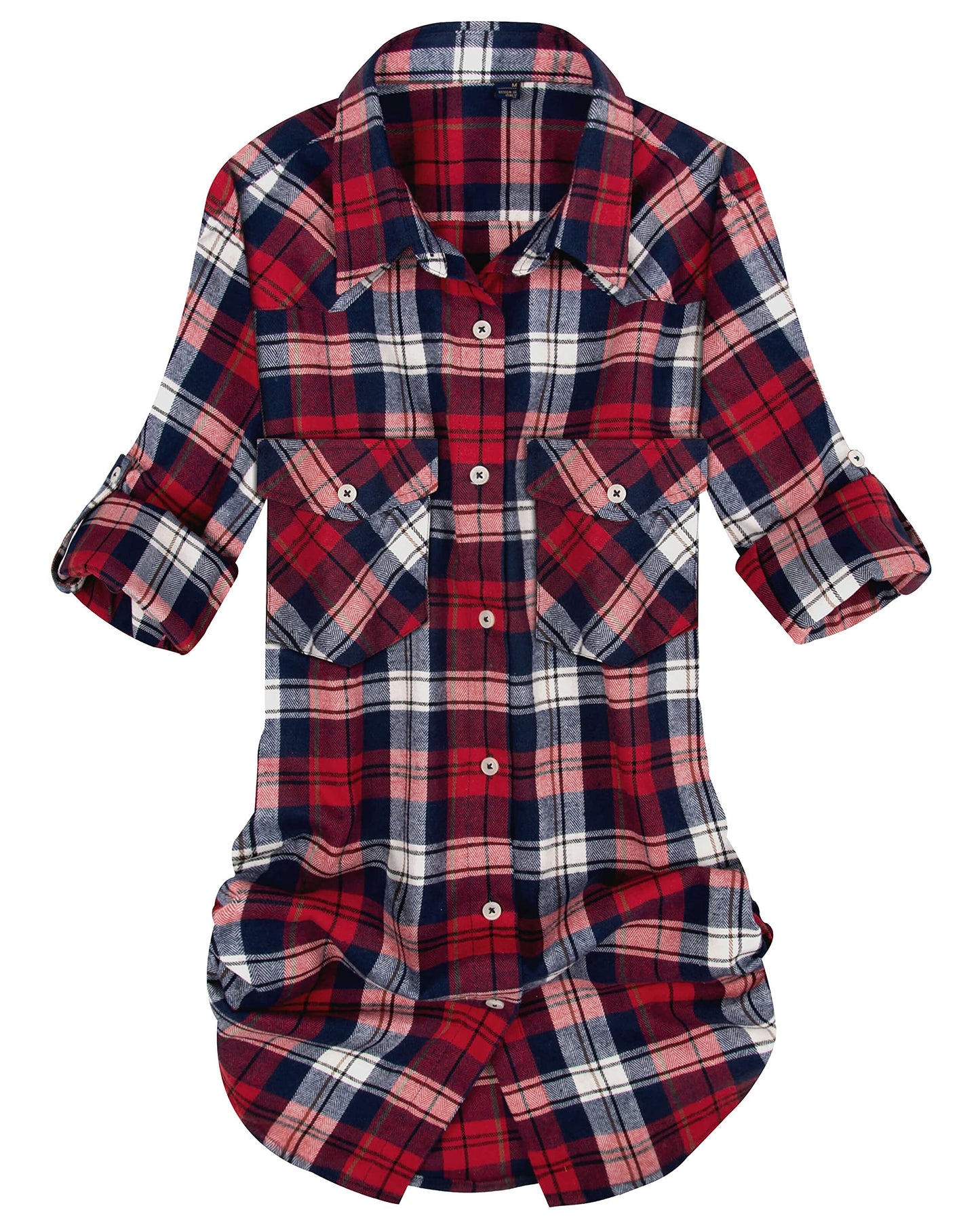 Womens Plaid Flannel Shirts Long Sleeve Roll Up Casual Button Down Shirt
