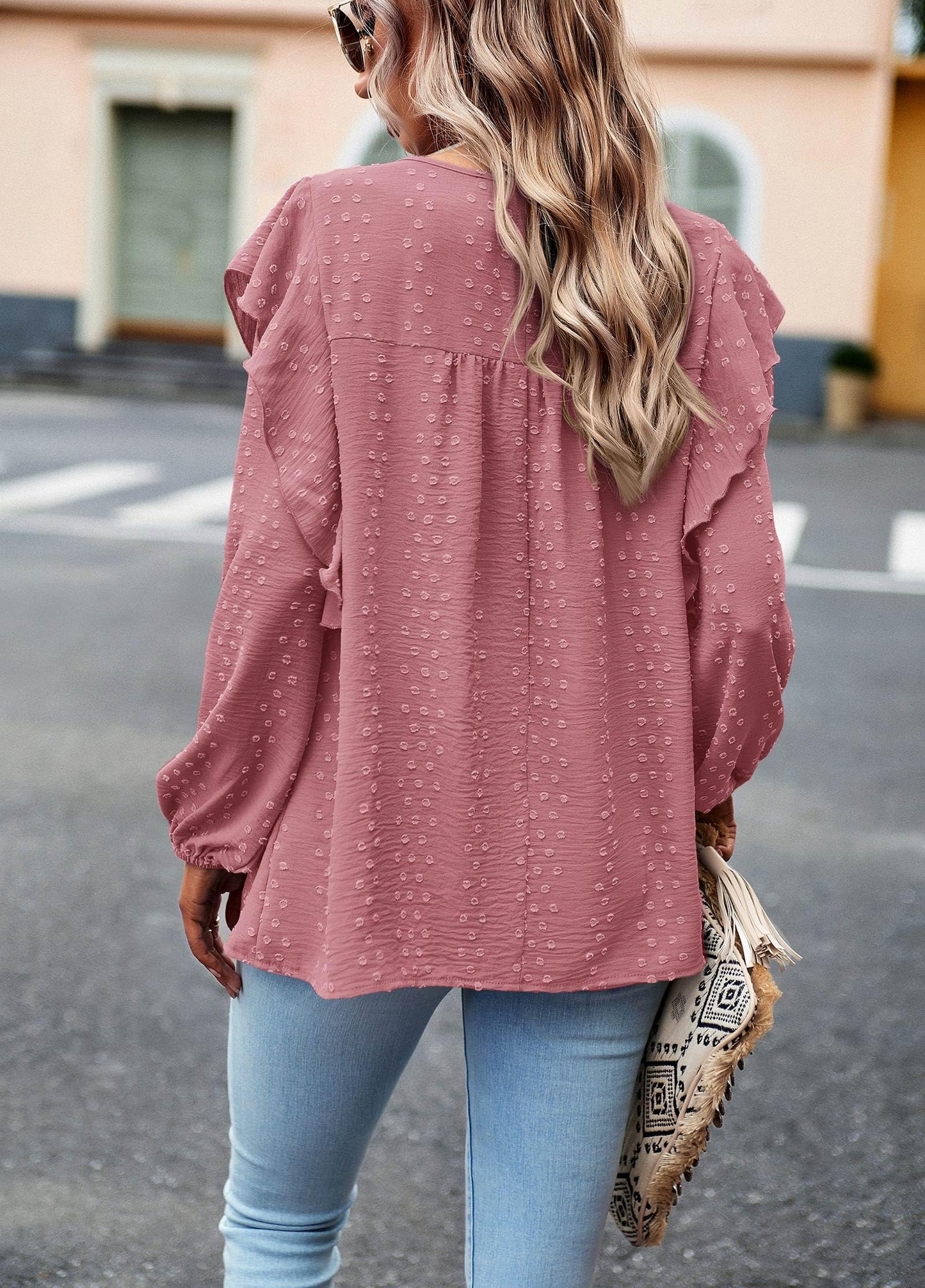 Women's Long Sleeve Blouses Ruffle Swiss Dot Crochet Loose Fit