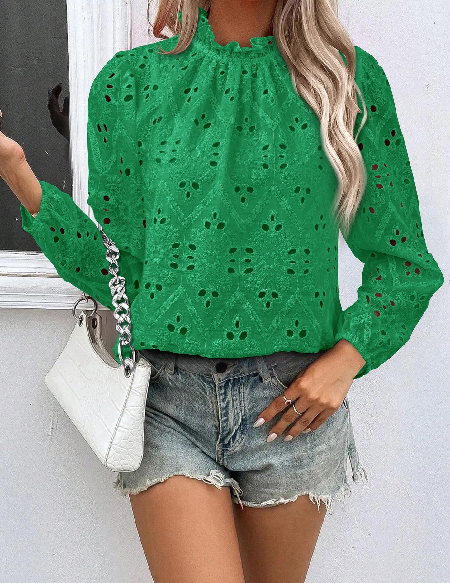 Women’s Blouses Dressy Casual Embroidered Long Puff Sleeve Shirts Ruffle Eyelet Lace Top