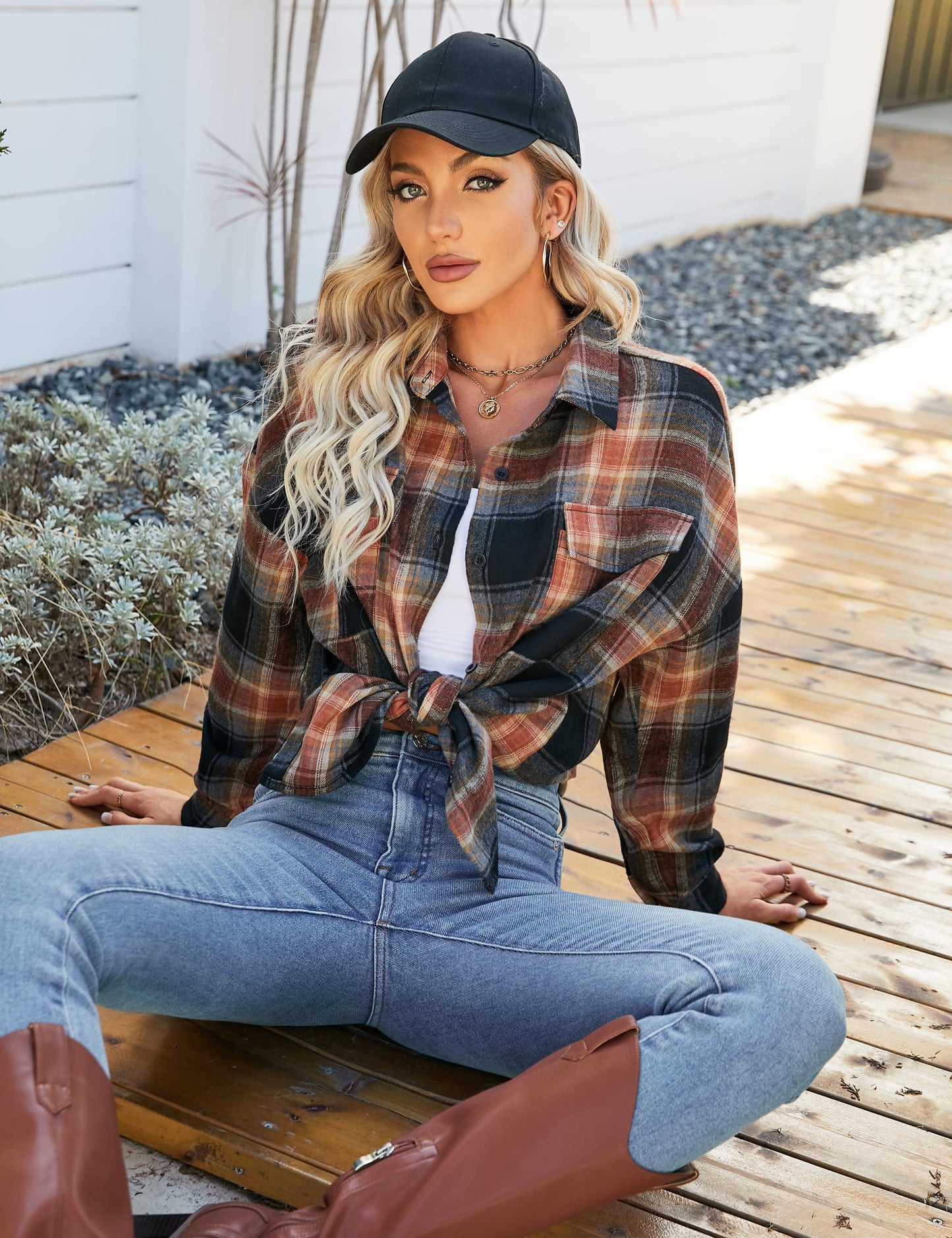 Women's Button Down Flannel Shirts Plaid Shacket Long Sleeve Collared Business Casual Tops Work Blouses