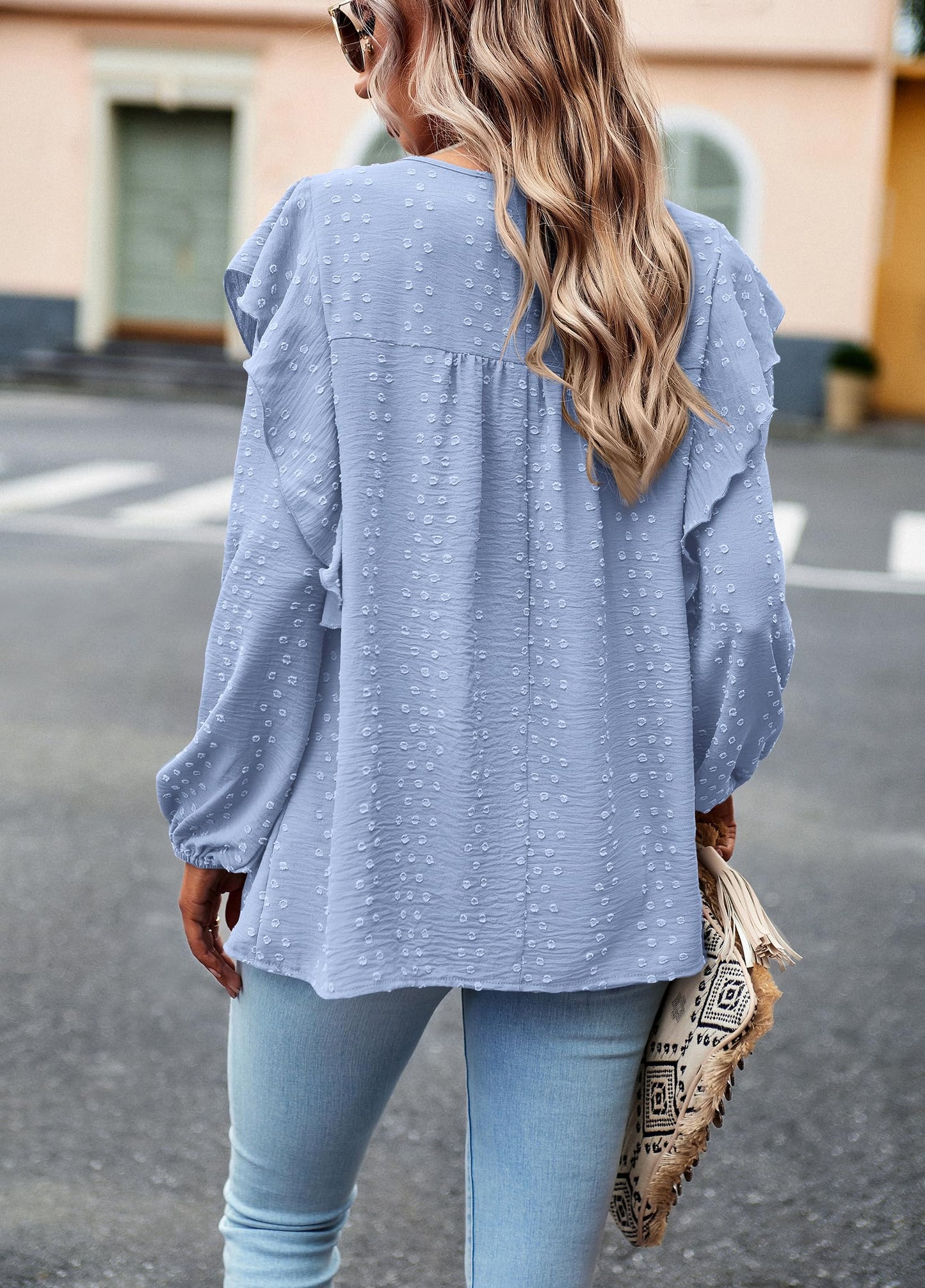 Women's Long Sleeve Blouses Ruffle Swiss Dot Crochet Loose Fit