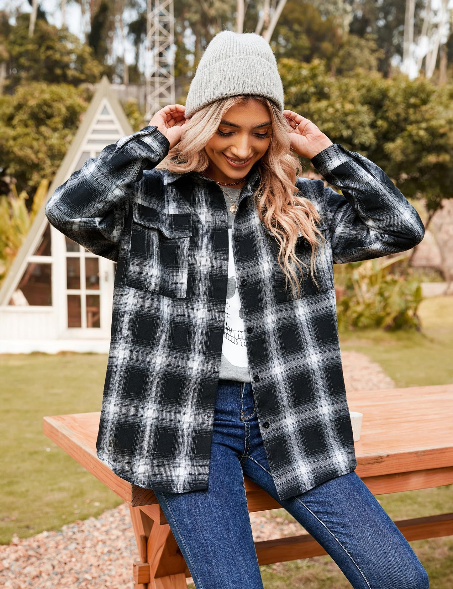 Women's Button Down Flannel Shirts Plaid Shacket Long Sleeve Collared Business Casual Tops Work Blouses