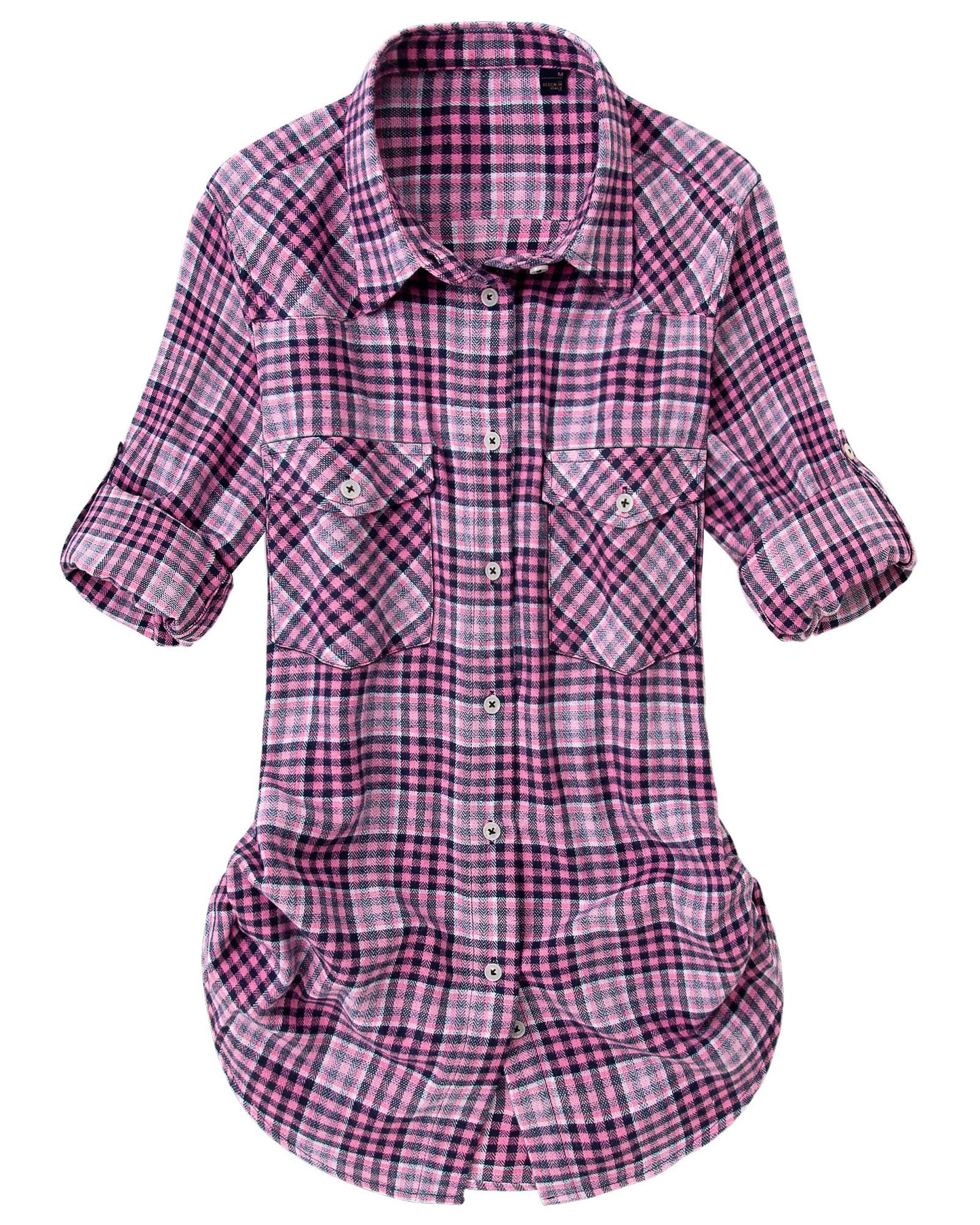 Womens Plaid Flannel Shirts Long Sleeve Roll Up Casual Button Down Shirt