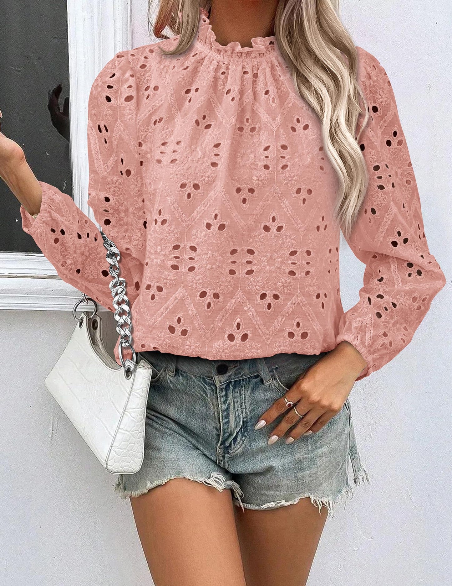 Women’s Blouses Dressy Casual Embroidered Long Puff Sleeve Shirts Ruffle Eyelet Lace Top