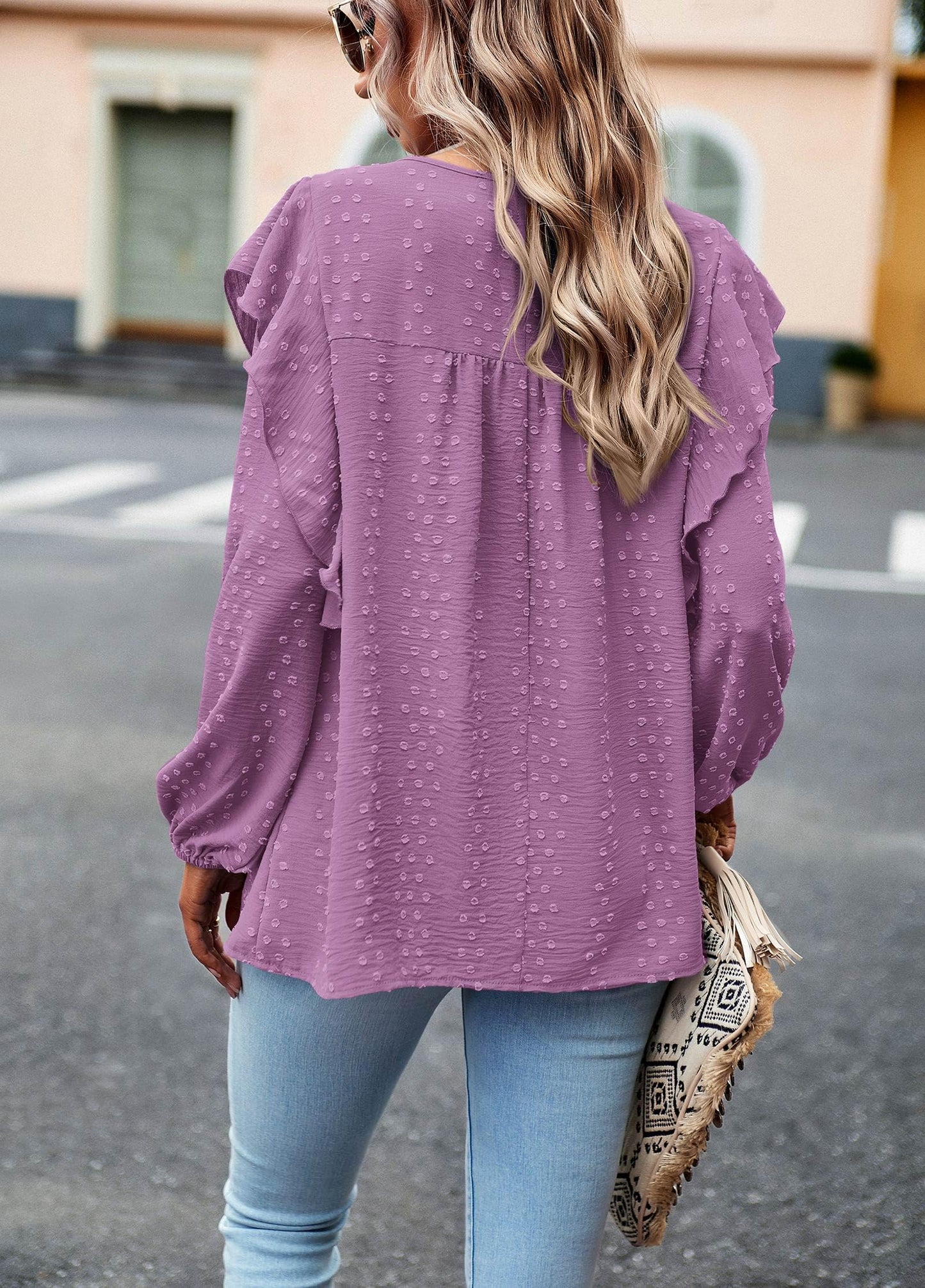 Women's Long Sleeve Blouses Ruffle Swiss Dot Crochet Loose Fit