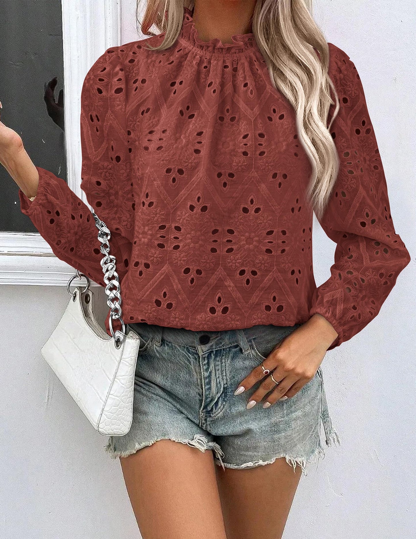 Women’s Blouses Dressy Casual Embroidered Long Puff Sleeve Shirts Ruffle Eyelet Lace Top