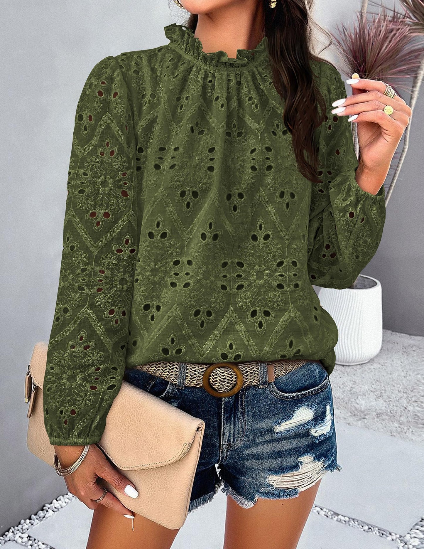 Women’s Blouses Dressy Casual Embroidered Long Puff Sleeve Shirts Ruffle Eyelet Lace Top