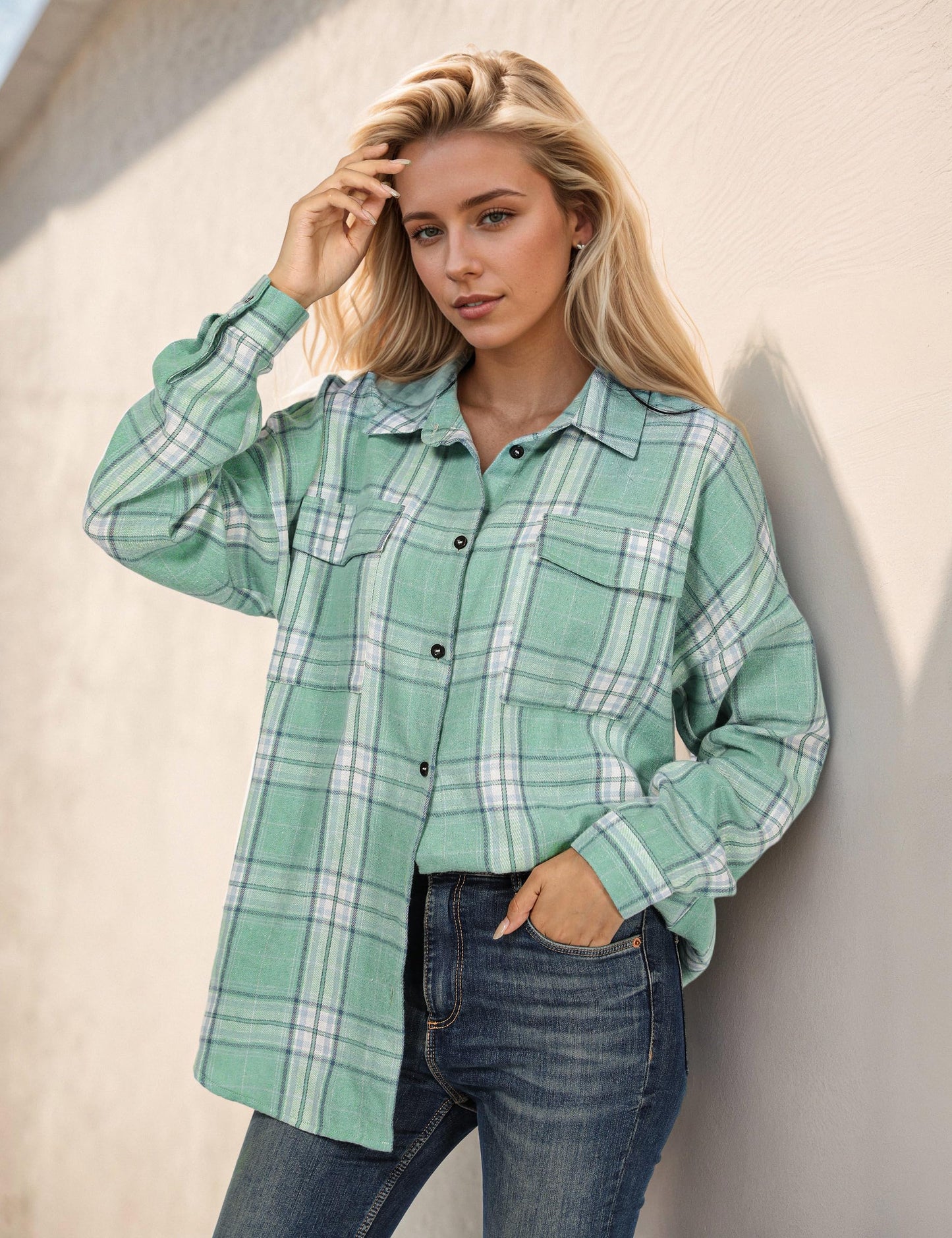 Women's Button Down Flannel Shirts Plaid Shacket Long Sleeve Collared Business Casual Tops Work Blouses