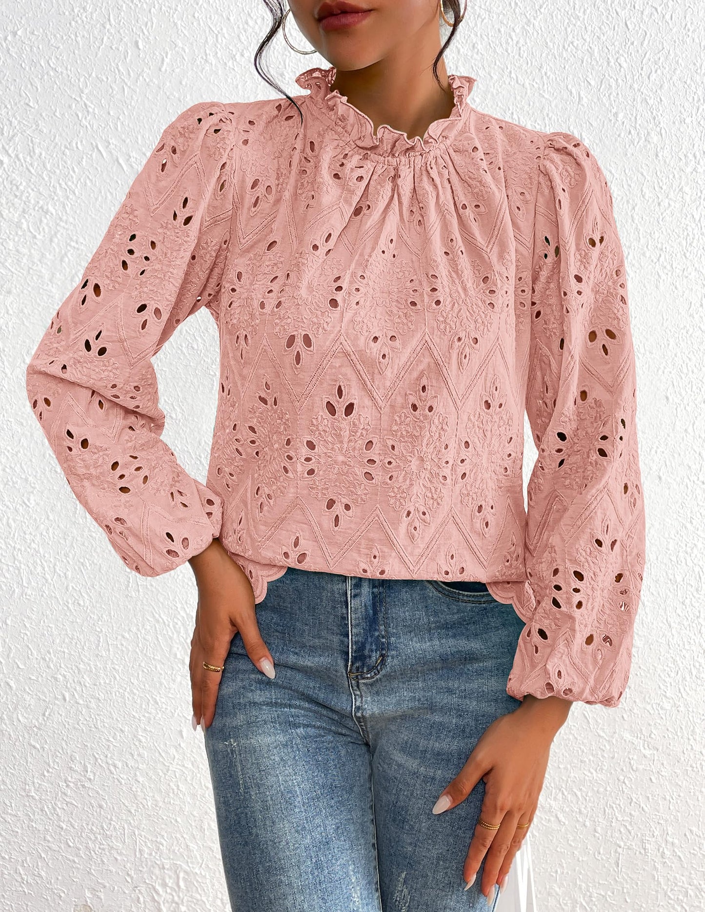 Women’s Blouses Dressy Casual Embroidered Long Puff Sleeve Shirts Ruffle Eyelet Lace Top
