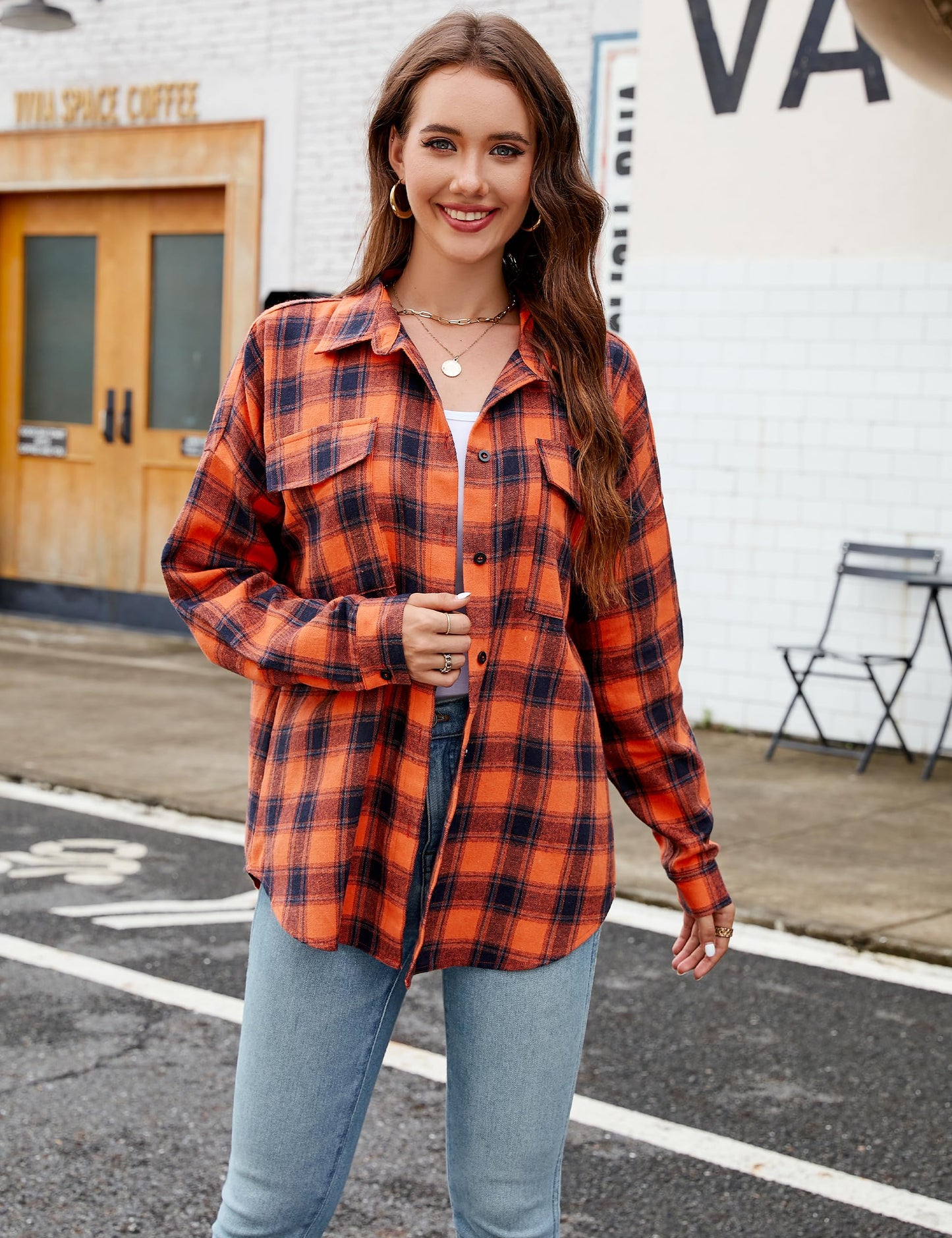 Women's Button Down Flannel Shirts Plaid Shacket Long Sleeve Collared Business Casual Tops Work Blouses