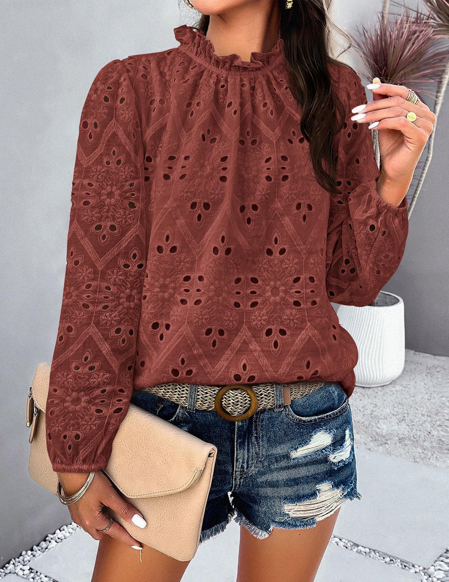 Women’s Blouses Dressy Casual Embroidered Long Puff Sleeve Shirts Ruffle Eyelet Lace Top