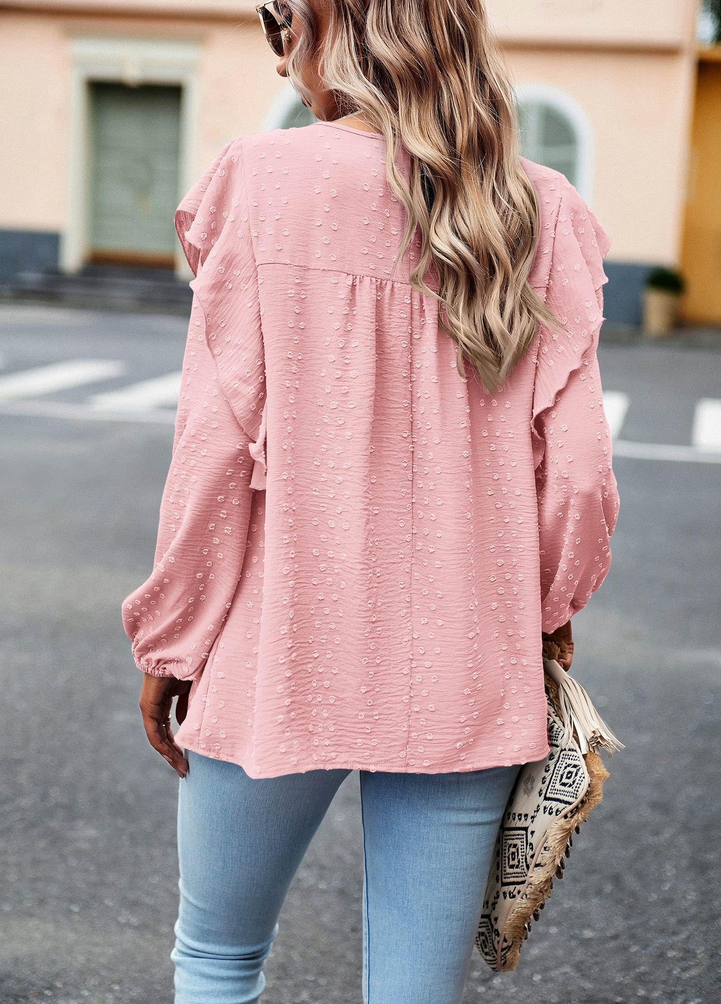 Women's Long Sleeve Blouses Ruffle Swiss Dot Crochet Loose Fit