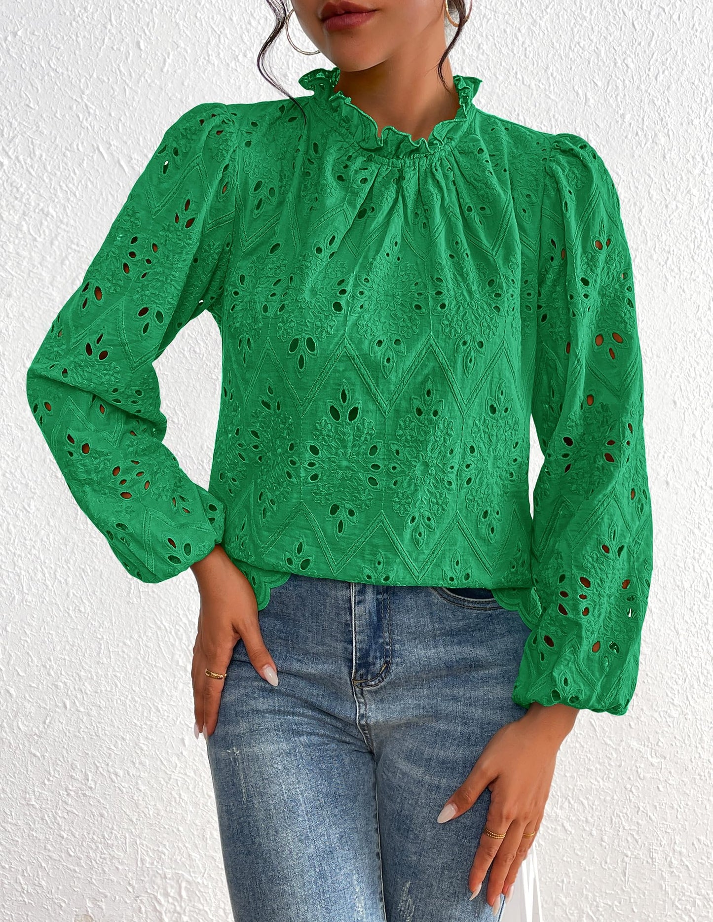 Women’s Blouses Dressy Casual Embroidered Long Puff Sleeve Shirts Ruffle Eyelet Lace Top