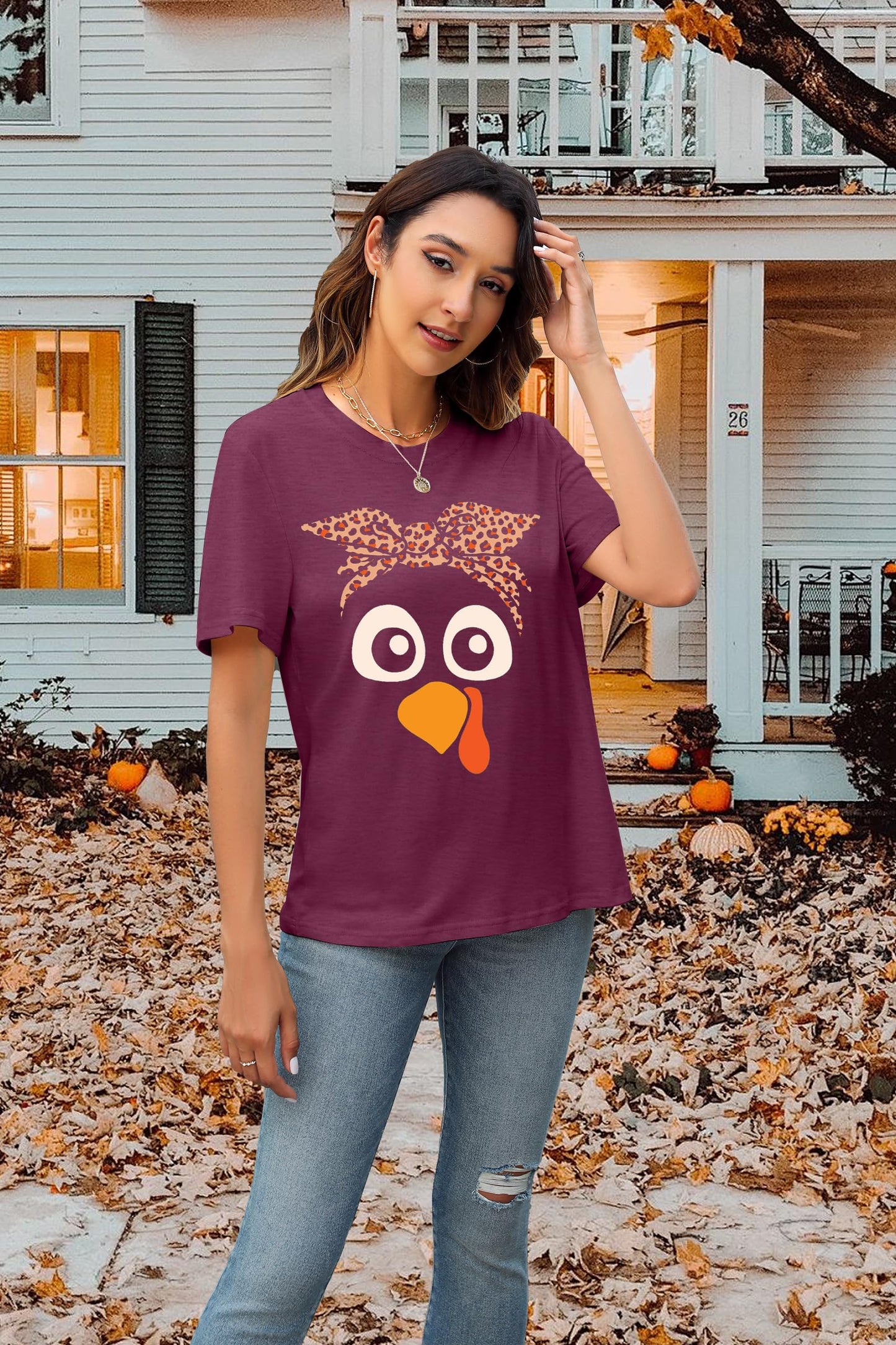 Turkey Shirts for Women Thanksgiving Shirt Funny Turkey Face Graphic Shirts Cute Fall Holiday Tee Tops