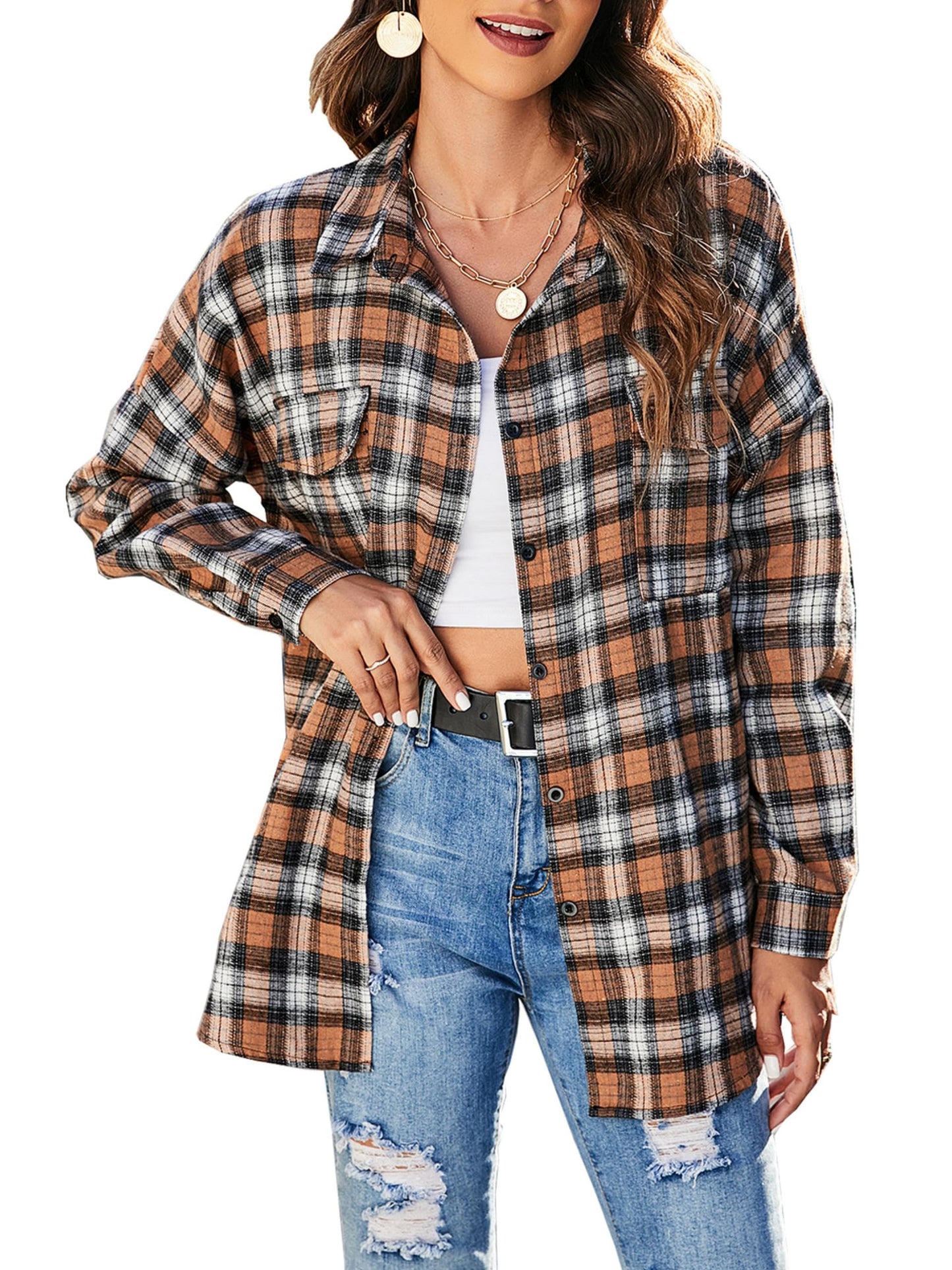 Women's Button Down Flannel Shirts Plaid Shacket Long Sleeve Collared Business Casual Tops Work Blouses