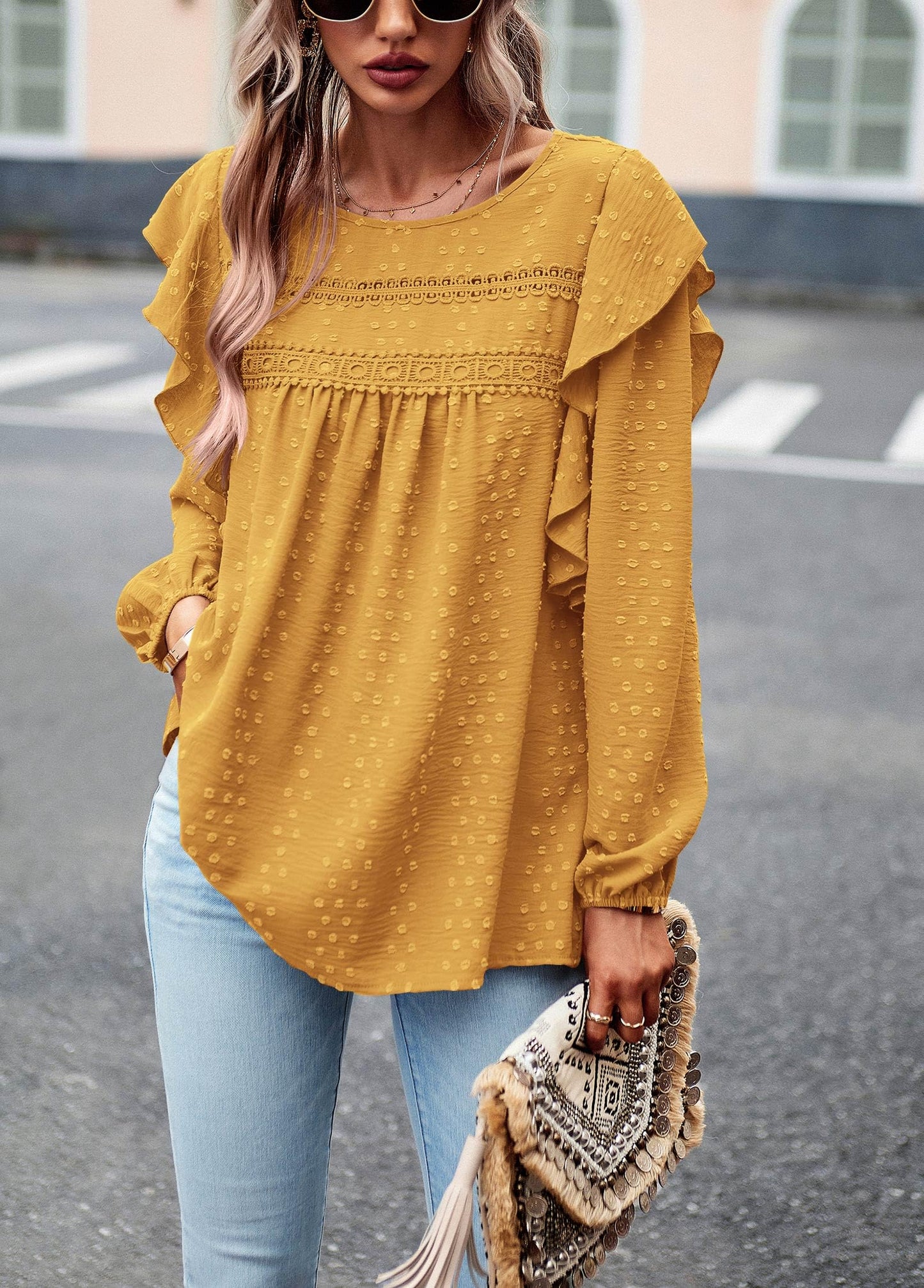 Women's Long Sleeve Blouses Ruffle Swiss Dot Crochet Loose Fit