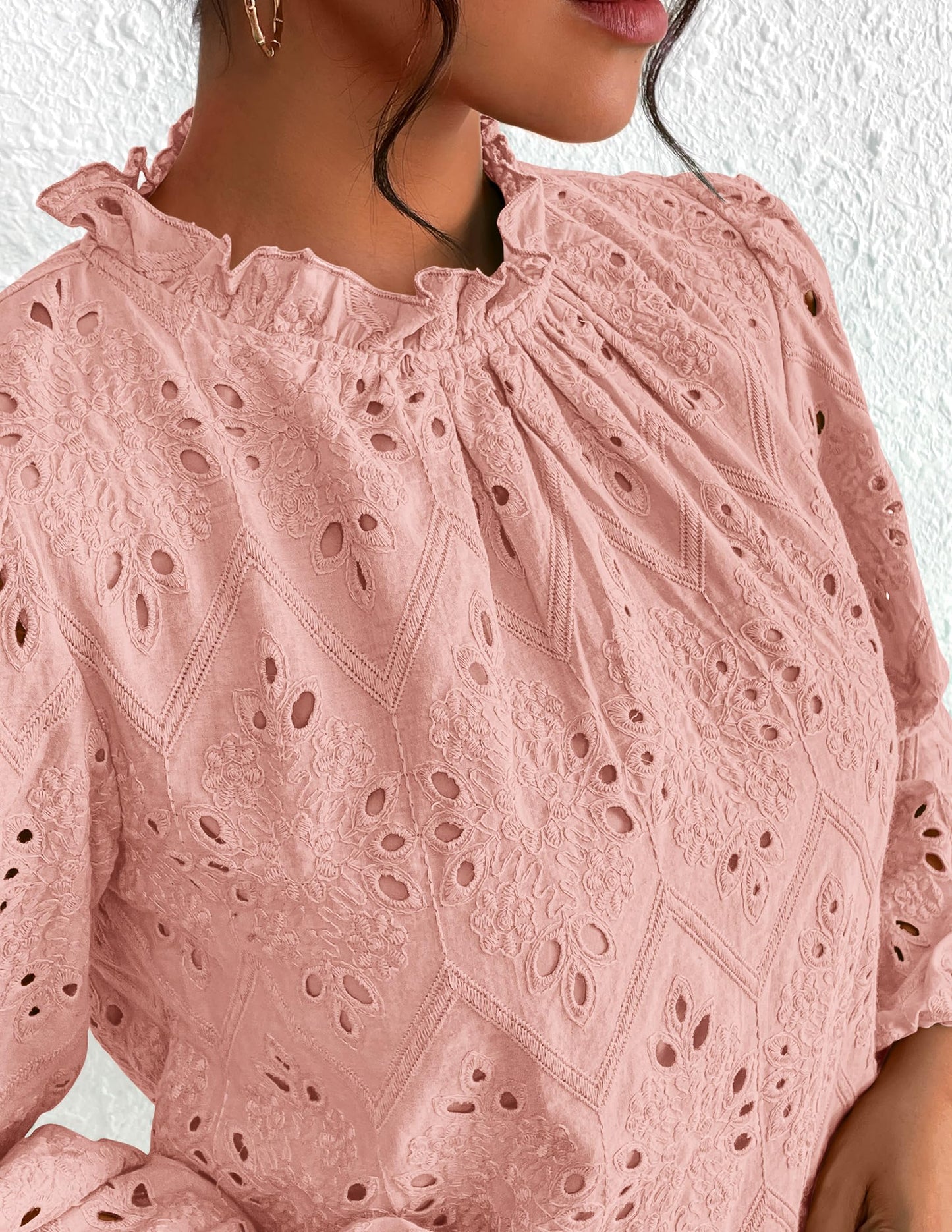 Women’s Blouses Dressy Casual Embroidered Long Puff Sleeve Shirts Ruffle Eyelet Lace Top