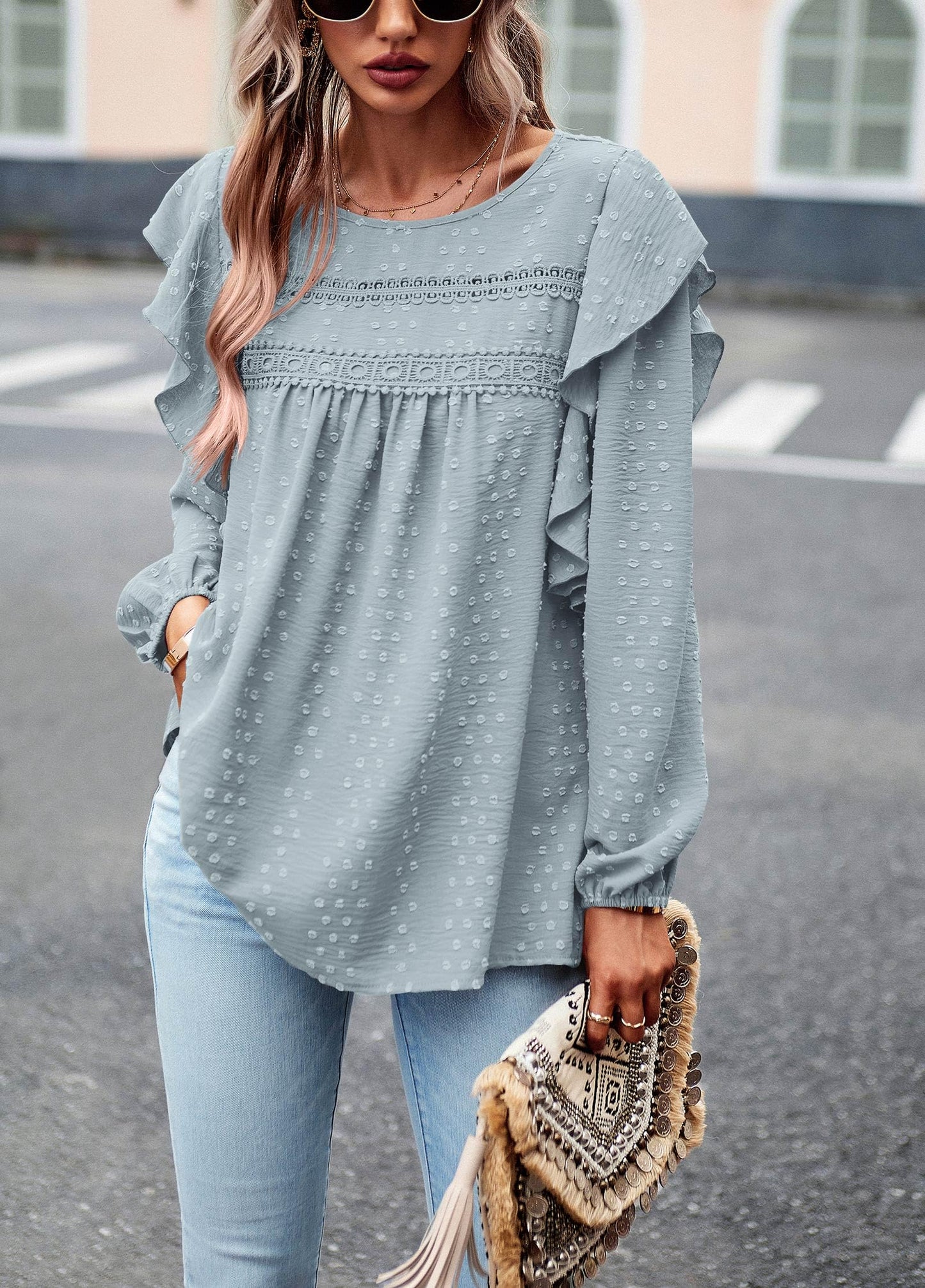 Women's Long Sleeve Blouses Ruffle Swiss Dot Crochet Loose Fit