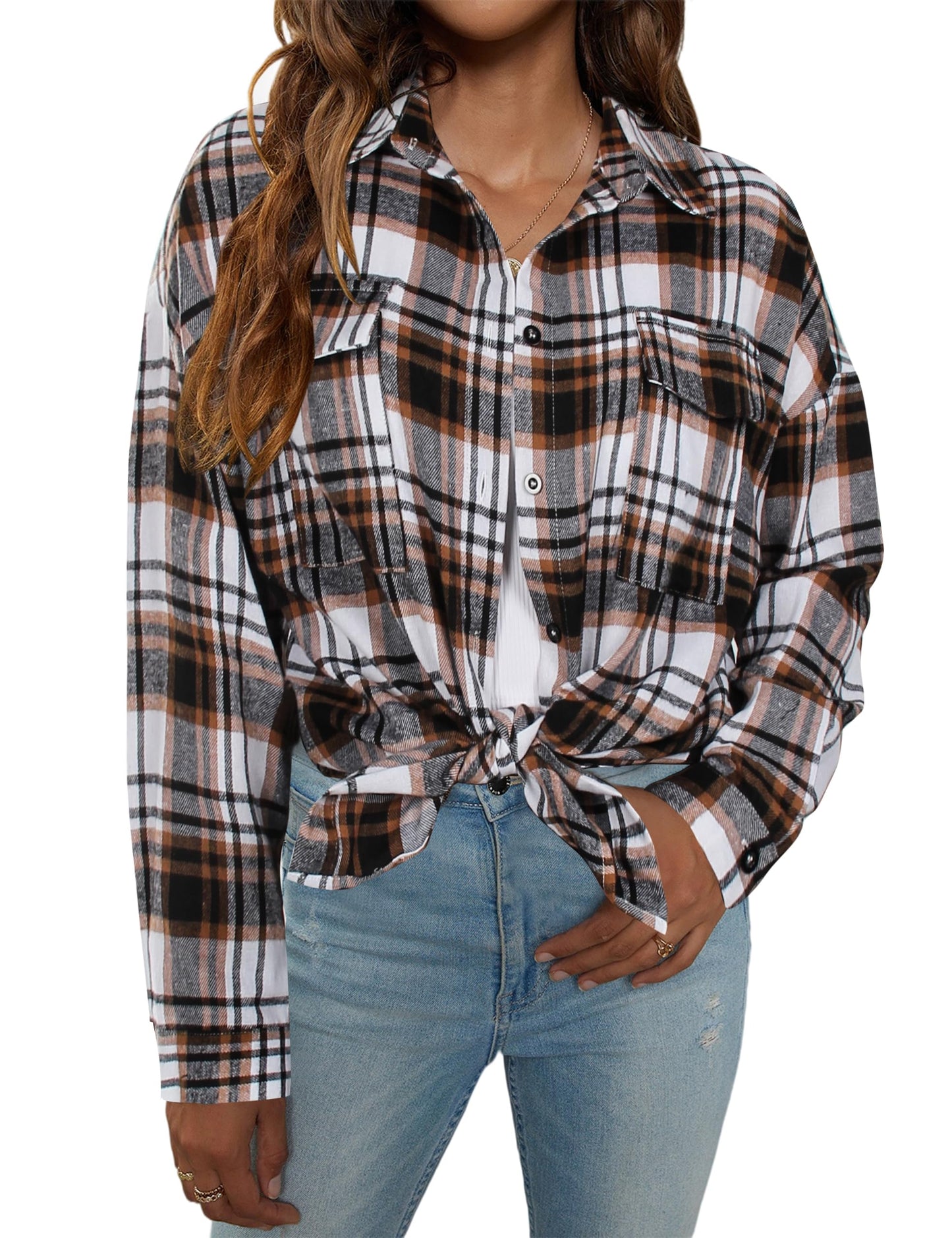 Women's Button Down Flannel Shirts Plaid Shacket Long Sleeve Collared Business Casual Tops Work Blouses