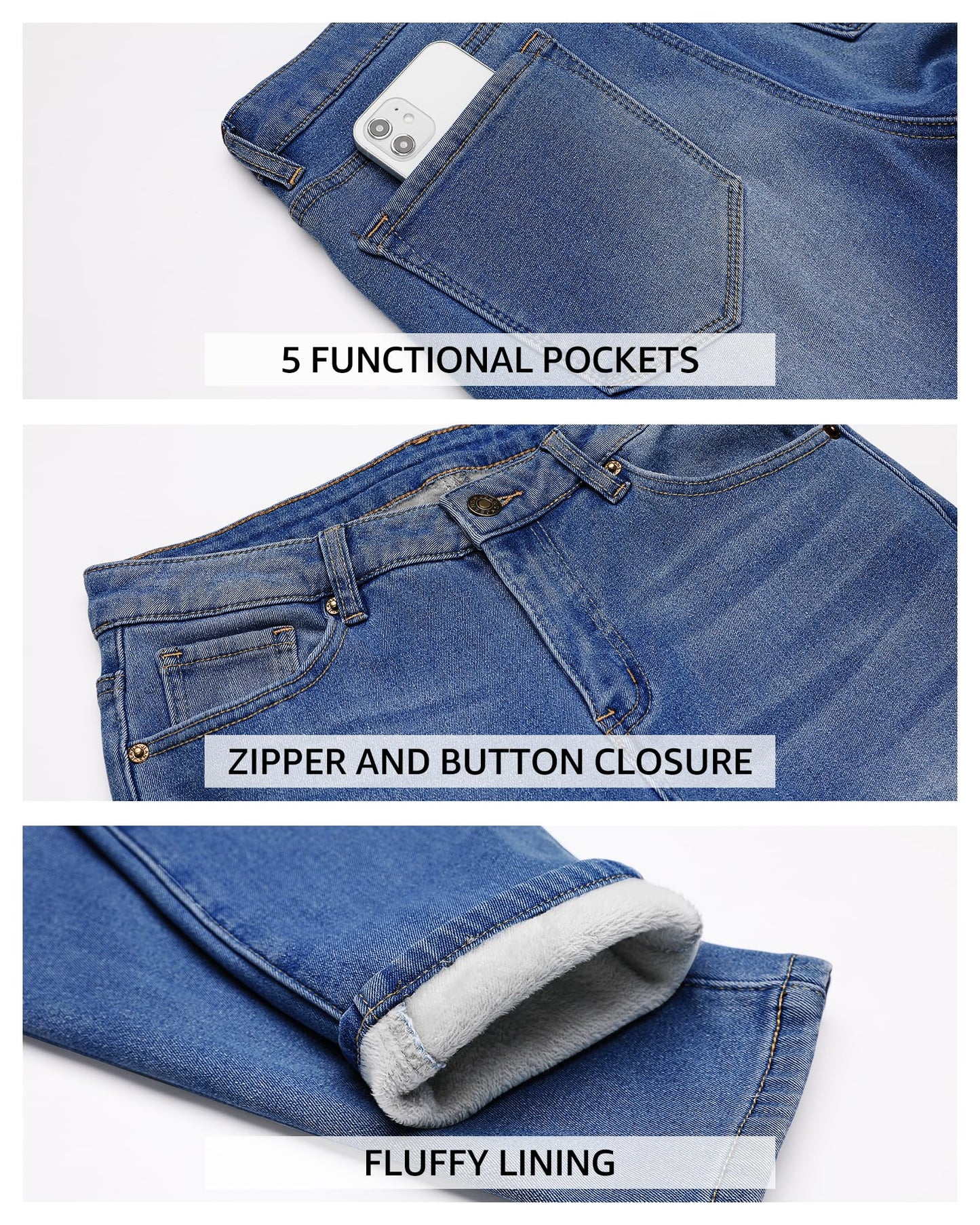 Vetinee Fleece Lined Jeans for Women High Waisted Skinny Winter Warm Slim Fit Thermal Jean Pants Stretchy Denim Jeggings