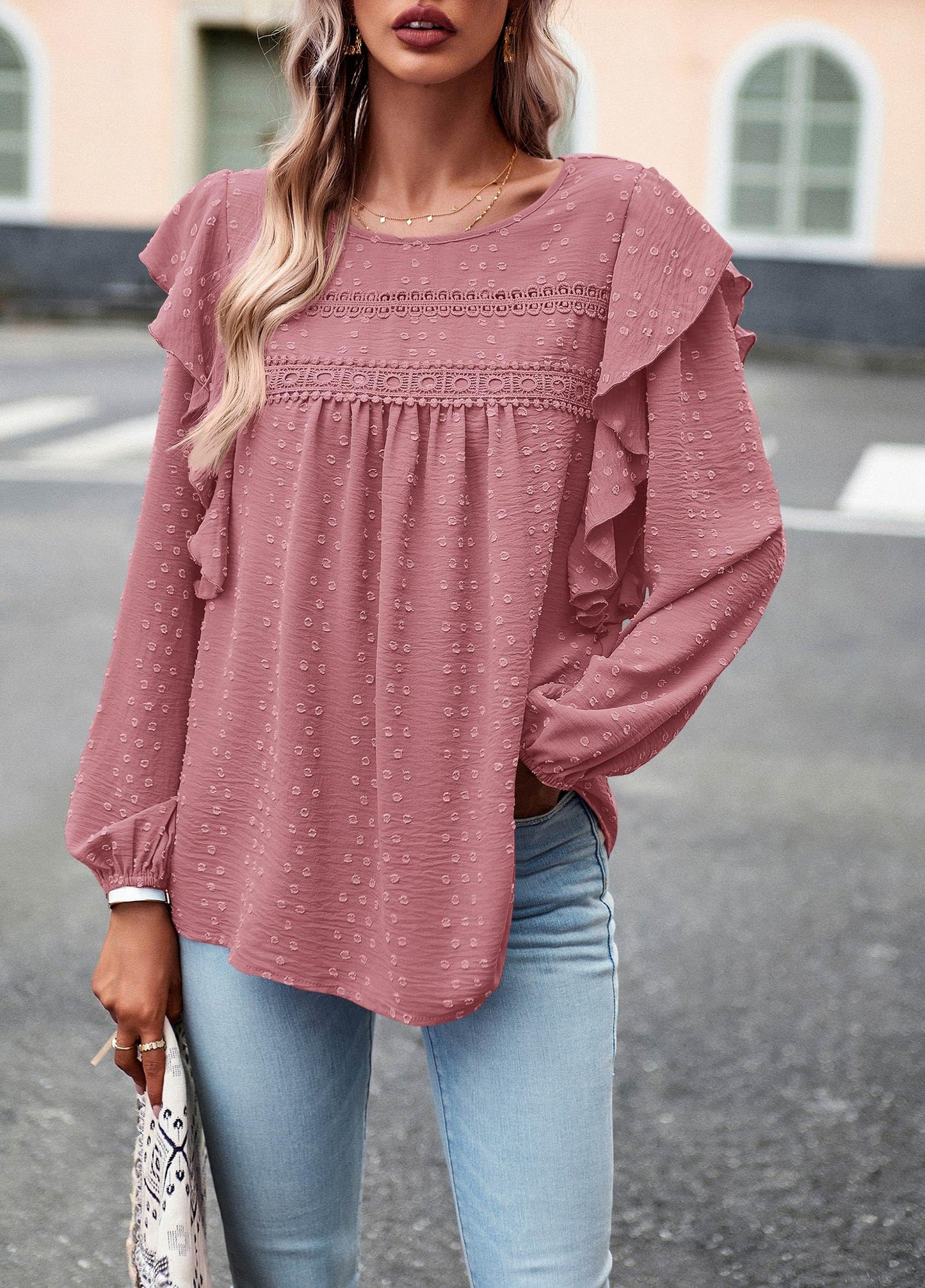 Women's Long Sleeve Blouses Ruffle Swiss Dot Crochet Loose Fit